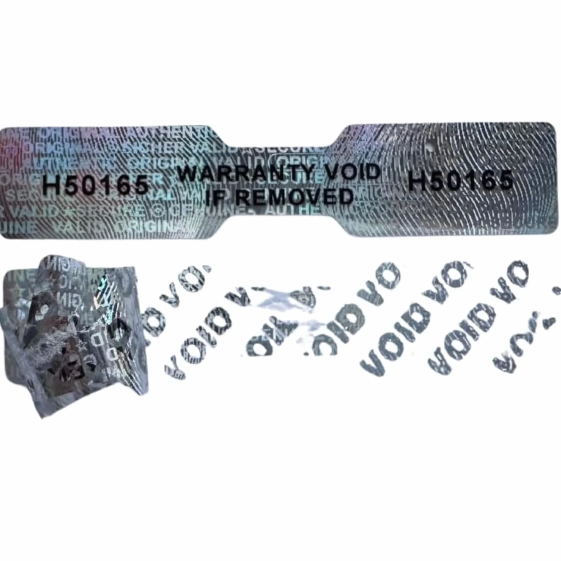 Naklejki Holograficzne VOID 50x10 mm z Numeracją Plomby Gwarancyjne – Warranty Void If Removed Tamper Proof Security Labels Silver PET Dog Bone 200 szt