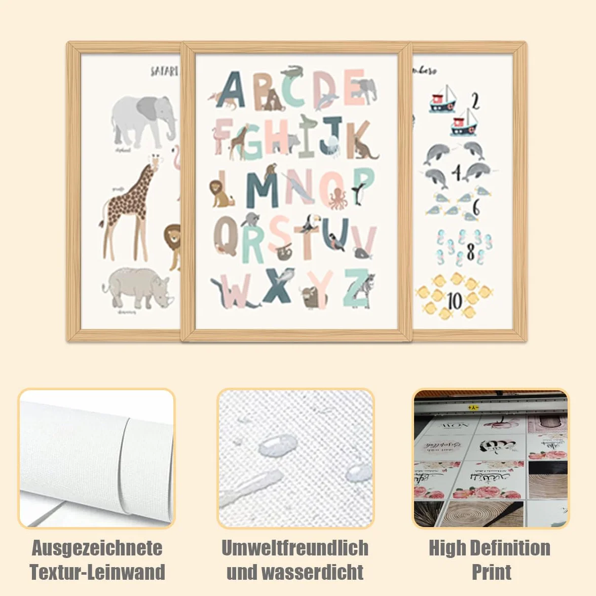 Zamety Zestaw 3 obrazów do pokoju dziecięcego, A4, plakat do pokoju dziecięcego, obrazy na płótnie żaglowym, plakat ABC dla dzieci, alfabet, liczby, zwierzęta, plakat edukacyjny do przedszkola, bez
