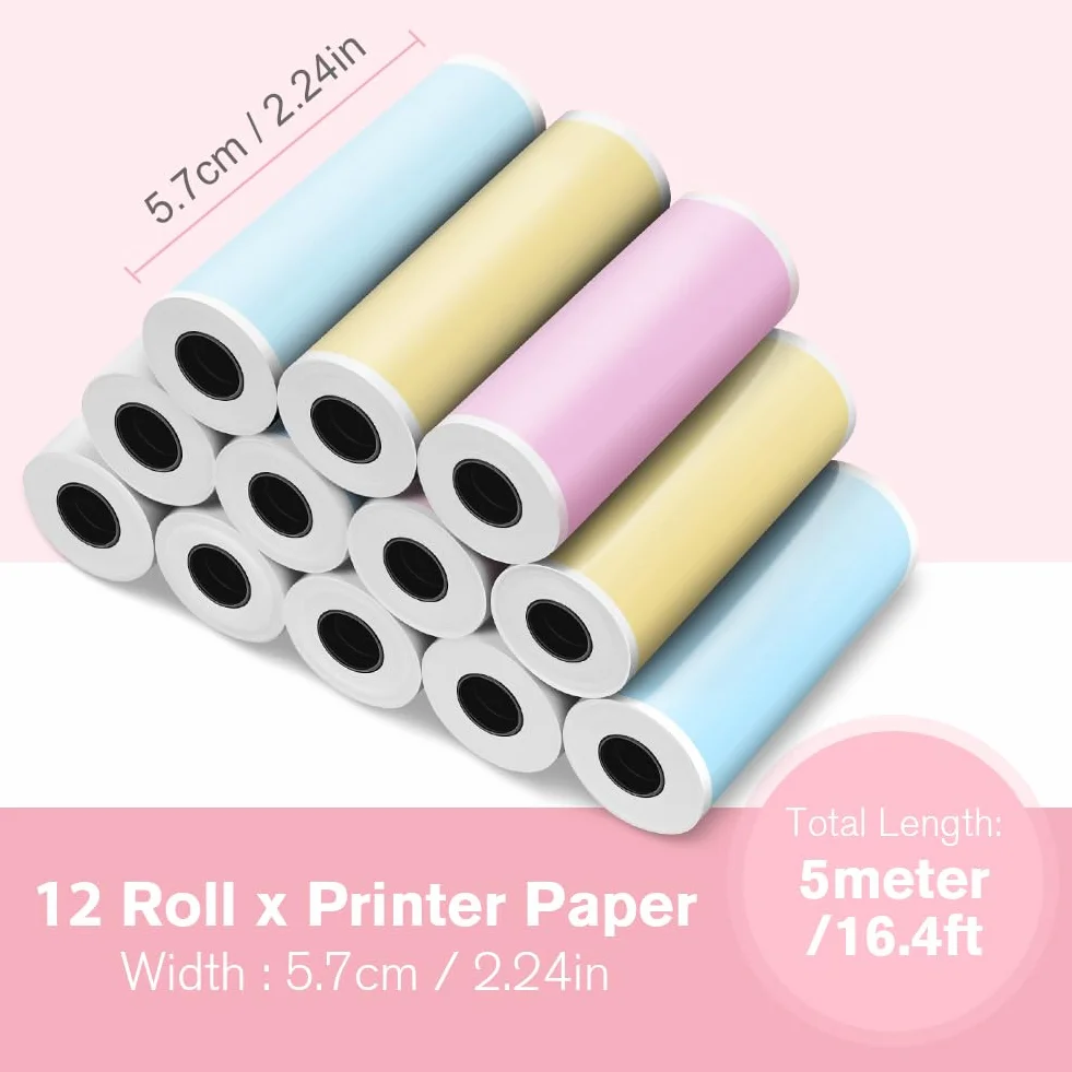 Ainiv 12 szt. kolorowych rolek papieru termicznego, 57 mm x 5 m, papier do drukowania aparatu, gładkie papiery bez BPA, samoprzylepne, akcesoria do aparatów błyskawicznych, papier do drukowania bez