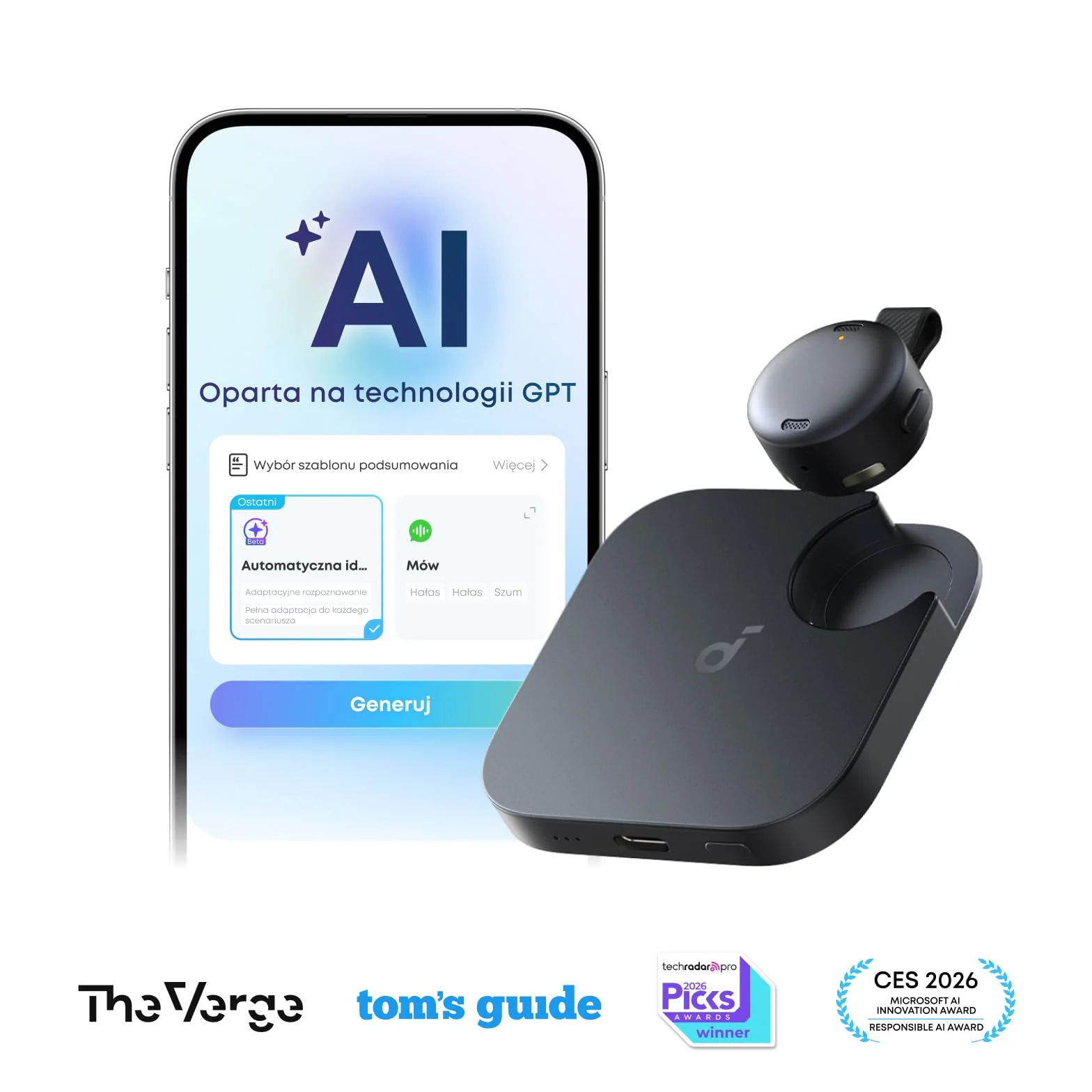 Anker soundcore Work Przenośny dyktafon 64 GB z transkrypcją AI MFi