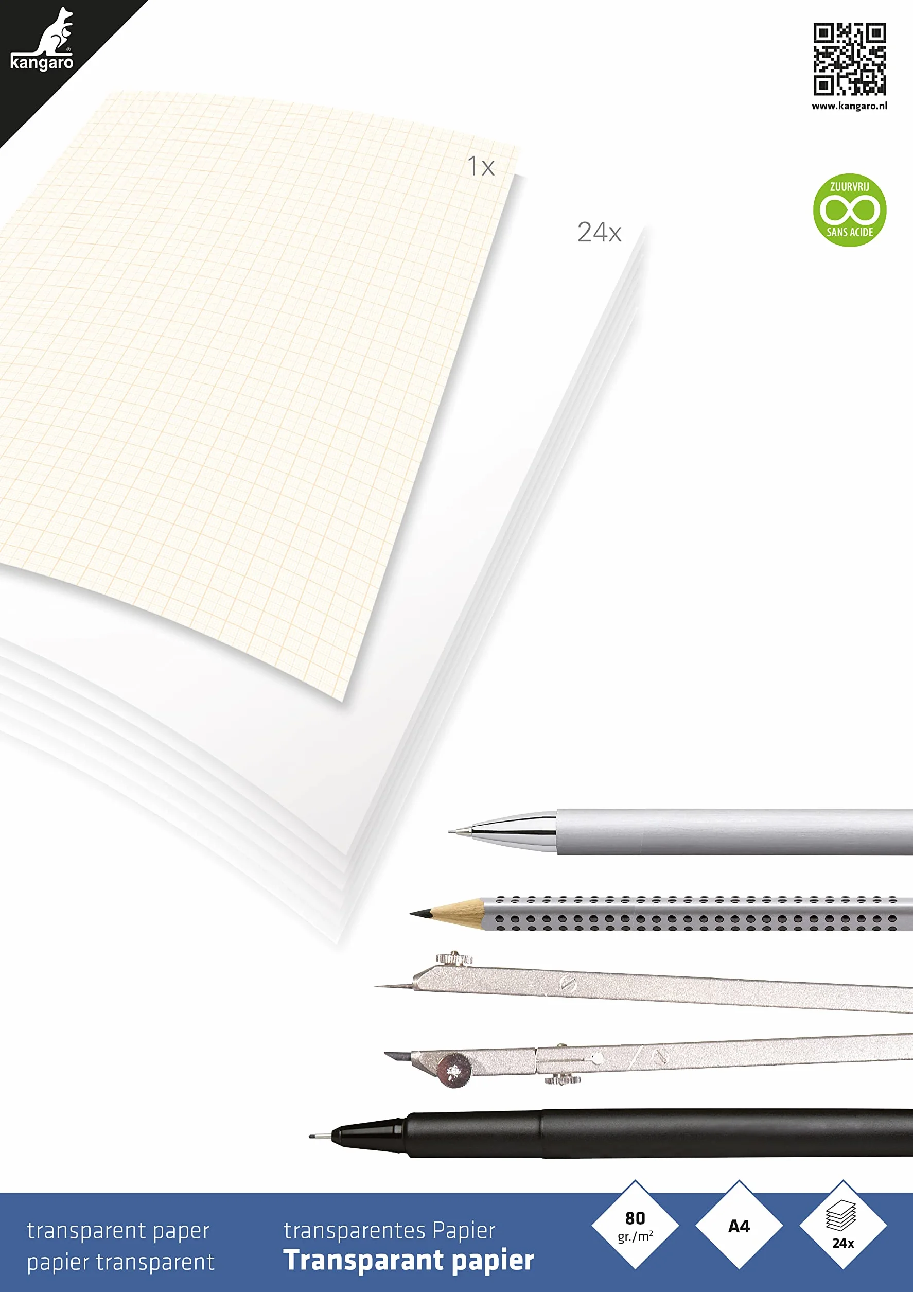 Kangaro Przezroczysty papier rysunkowy/milimetrowy DIN A4 24 strony papieru 80 g/m² z 1 arkuszem 1/5/10 mm pomarańczowy raster, K-770300