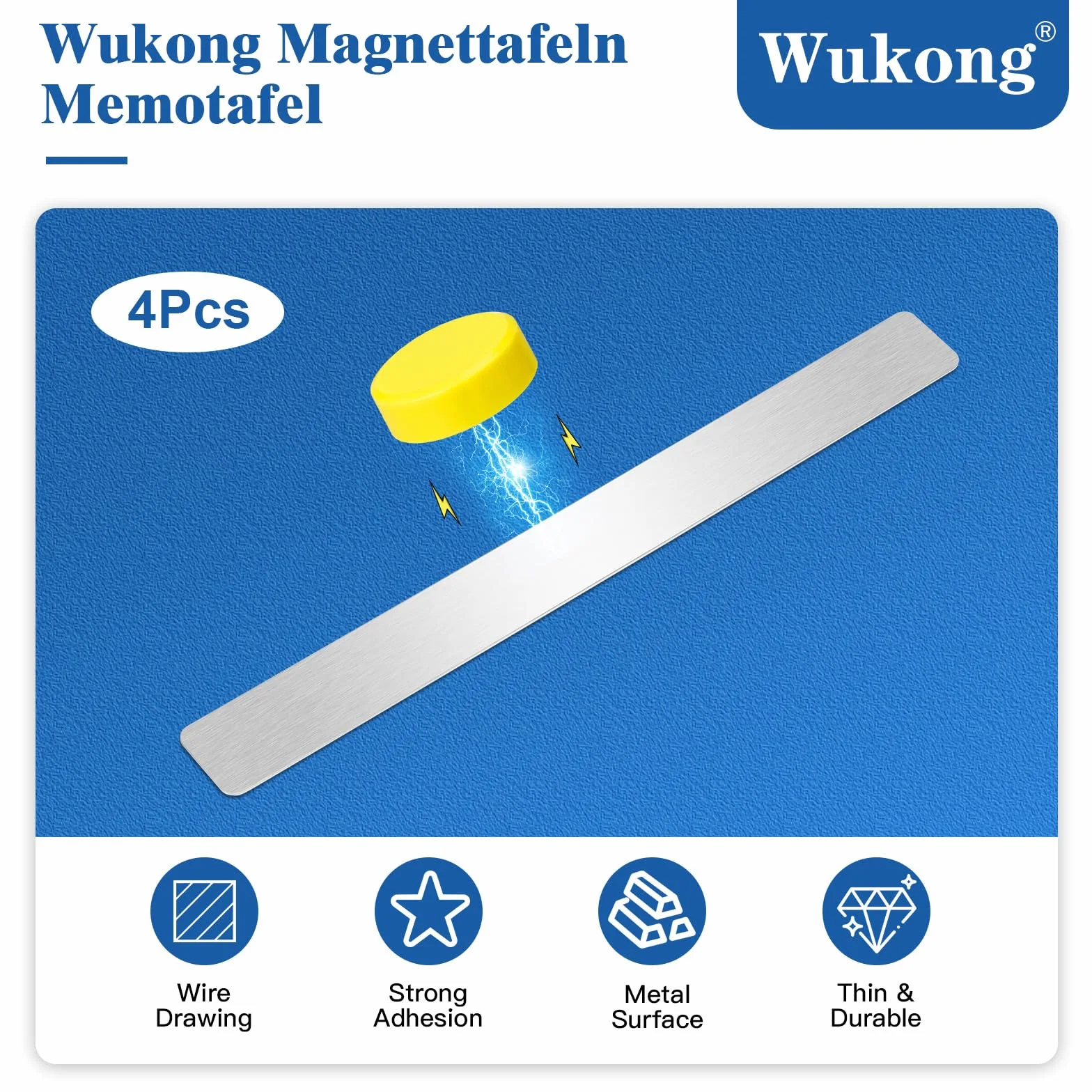 Wukong 30 x 3 cm, zestaw 6 magnetycznych srebrnych tablic ze stali nierdzewnej, samoprzylepna tablica ogłoszeń, tablica na notatki z 16 kolorowymi magnesami do biura, domu, ściany fotograficznej