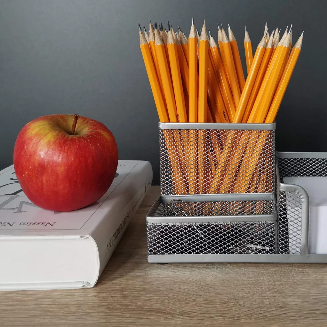 Leviatan Organizer na Biurko z Metalowej Siatki – Srebrny Pojemnik Biurowy z Uchwytami na Długopisy i Karteczki – 205 x 103 x 98 mm