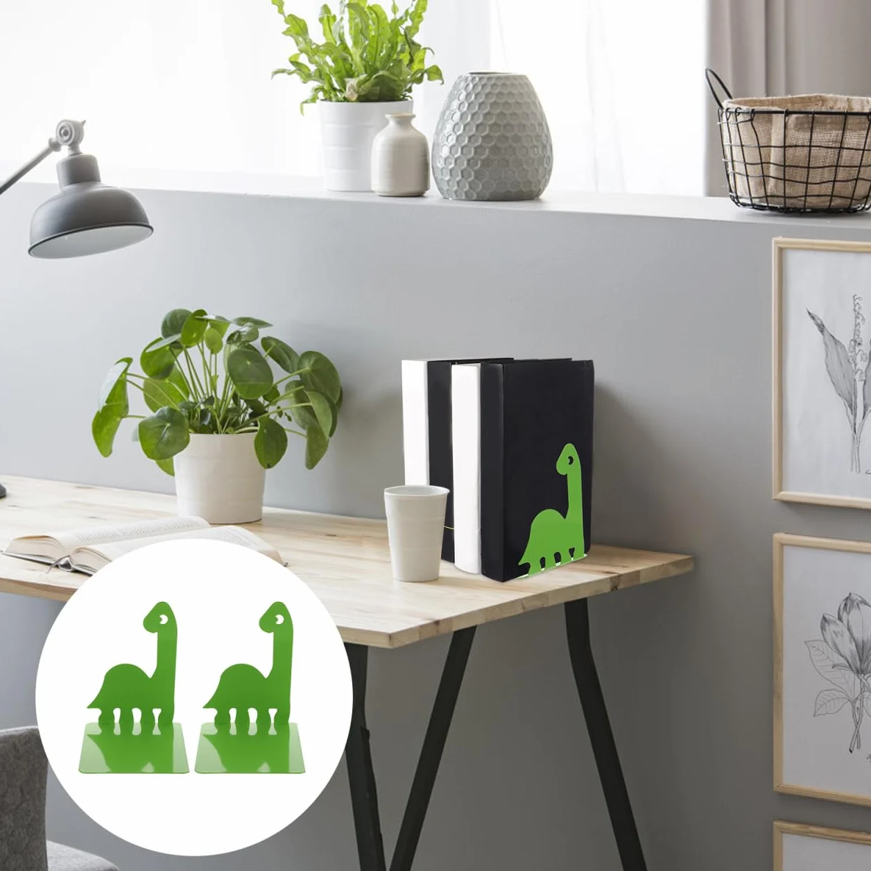 TOYANDONA Podpórki do książek z żelaza, motyw dinozaura, antypoślizgowe, zielone, 1 para