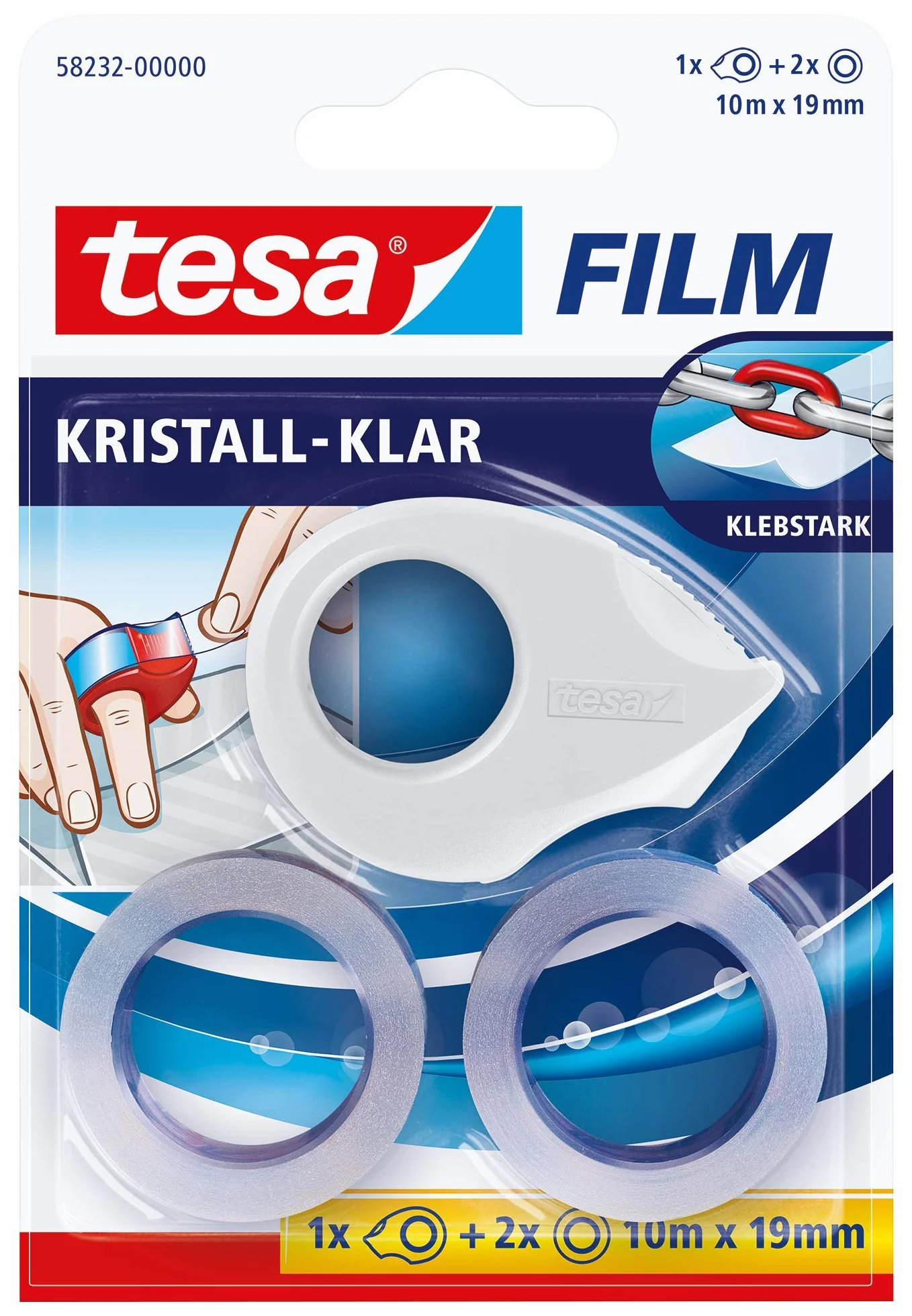 tesa tesafilm Mini dozownik różowy, niebieski lub biały z 2 x kryształowymi przezroczystymi kółkami, 10 m: 19 mm