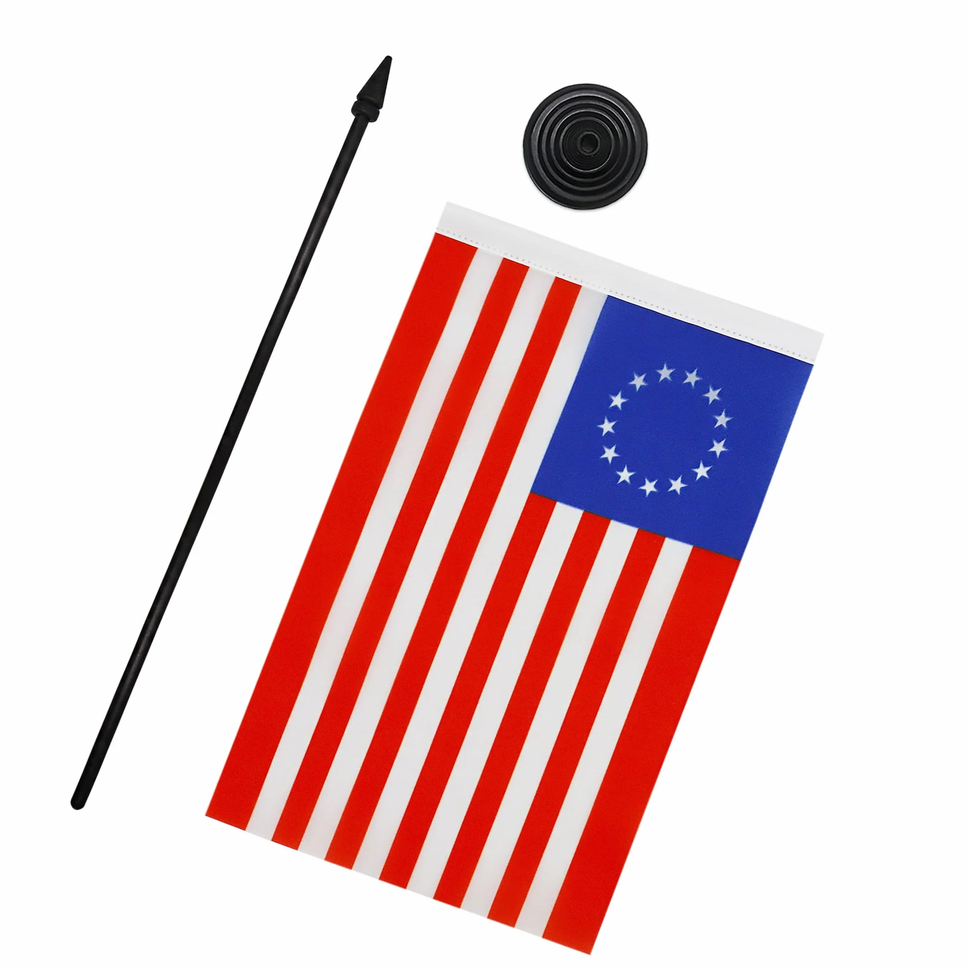 AZ FLAG - Flaga stołowa USA 13 gwiazdek Betsy Ross 21x14 cm - Mała 100% poliester amerykańska flaga biurowa z 25 cm maczugą i czarną plastikową podstawą