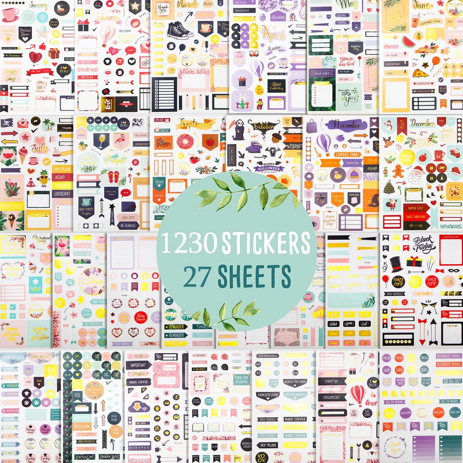 Naklejki do Planera i Bullet Journal 27 Arkuszy 1230+ Szt Złota Folia Naklejki Miesięczne Styczeń–Grudzień Naklejki Tygodniowe To-Do Budżet Scrapbooking