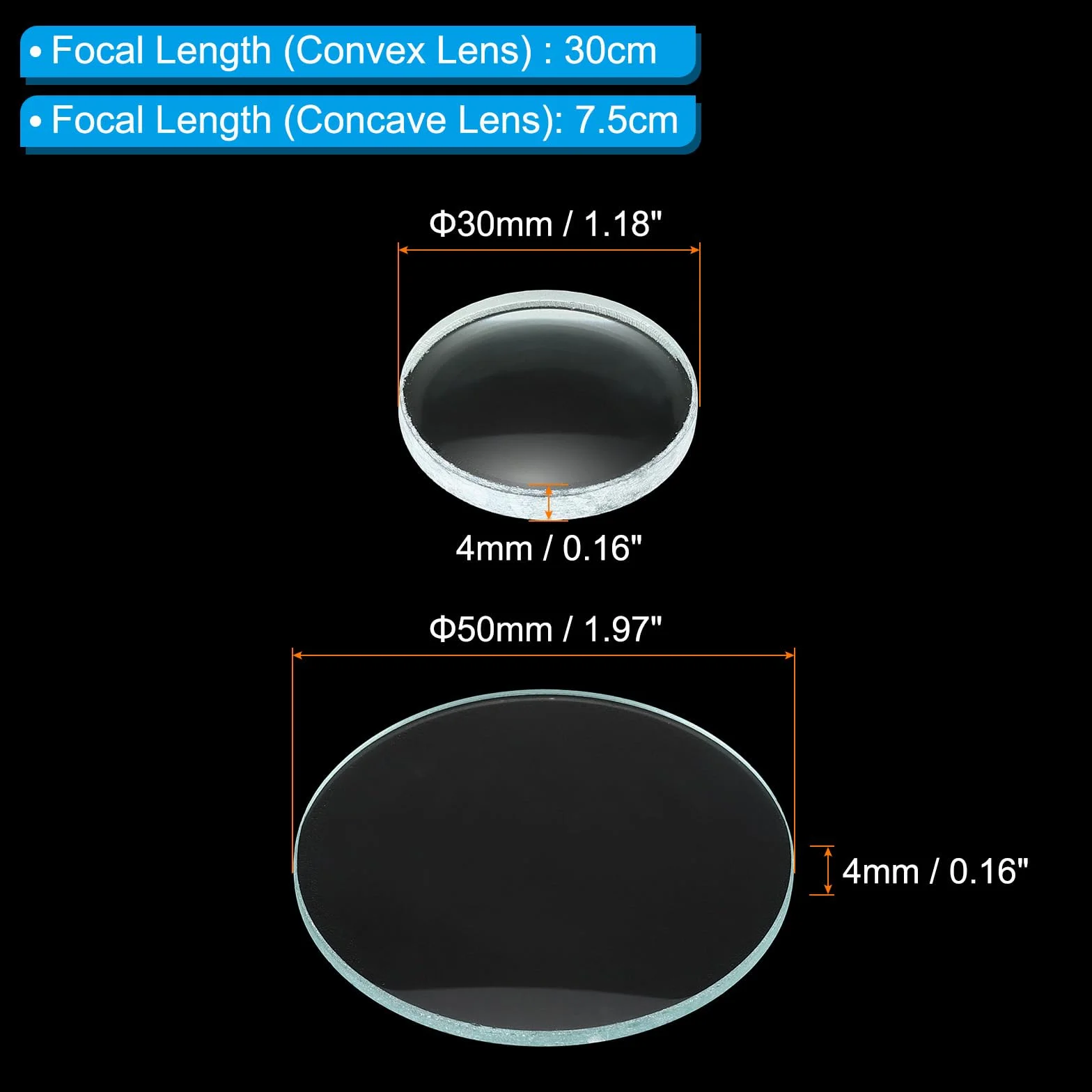PATIKIL Ogniskowa 30 cm 50 mm wypukła soczewka i 7,5 cm ogniskowa 30 mm wklęsły obiektyw 1 zestaw, 2-pak szklanych optycznie polerowanych okrągłych krawędzi soczewki do nauczania fizyki, przezroczyste