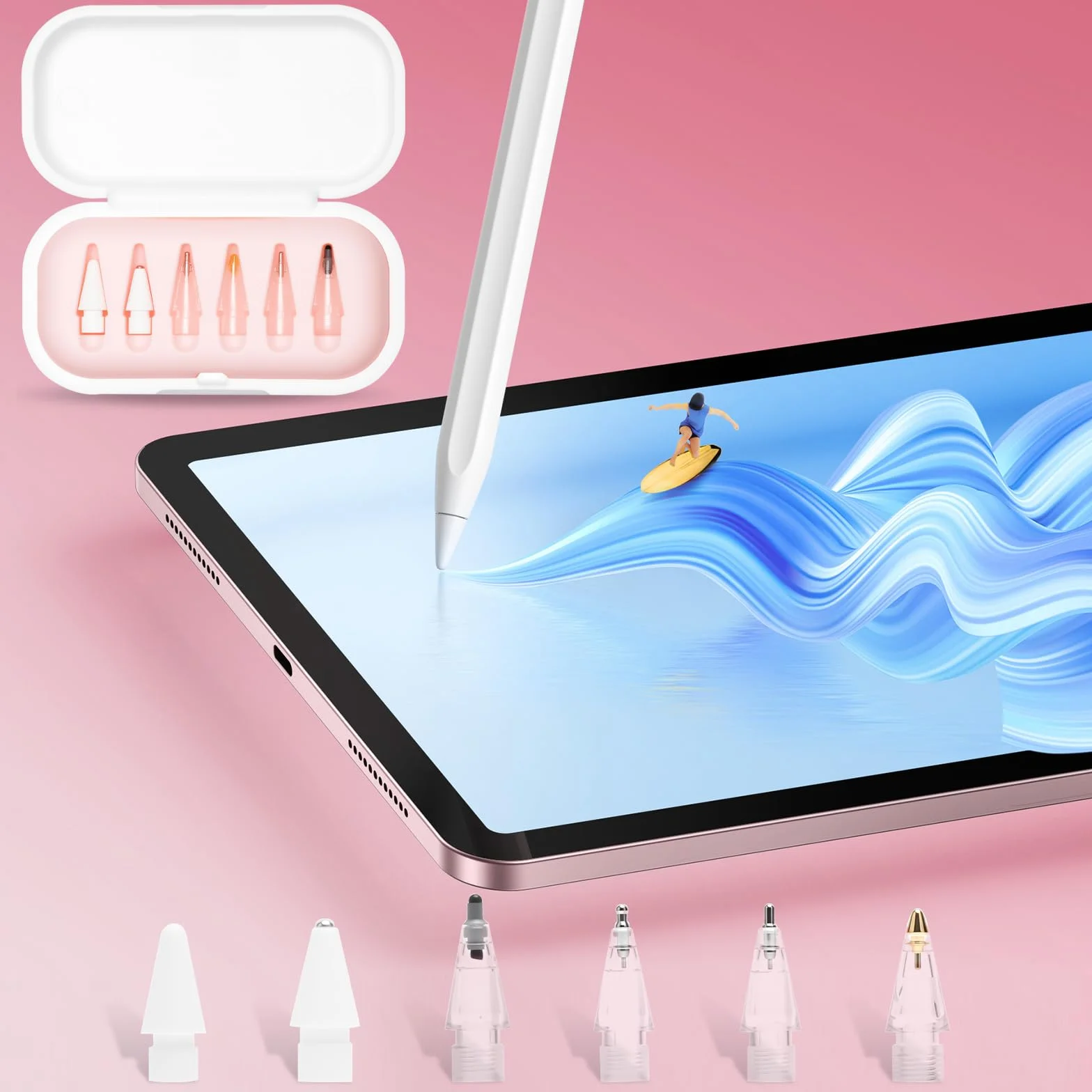 6-częściowy zestaw końcówek zamiennych do Apple Pencil 1. generacji i USB-C – końcówki Apple Pencil Pro do pisania i rysowania na iPadzie, w zestawie etui