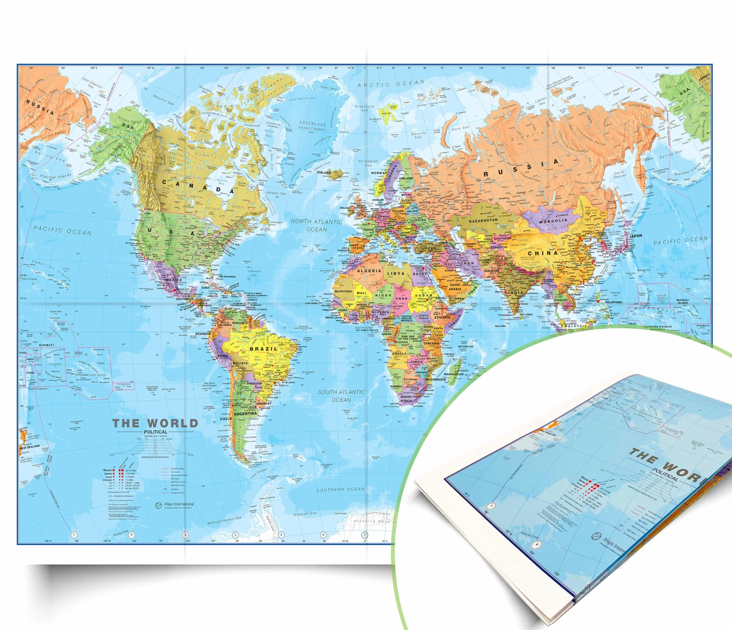 Maps International Mapa świata, jedwabisty papier artystyczny, format składany, 84,1 x 59,4 cm (szer. x wys.)