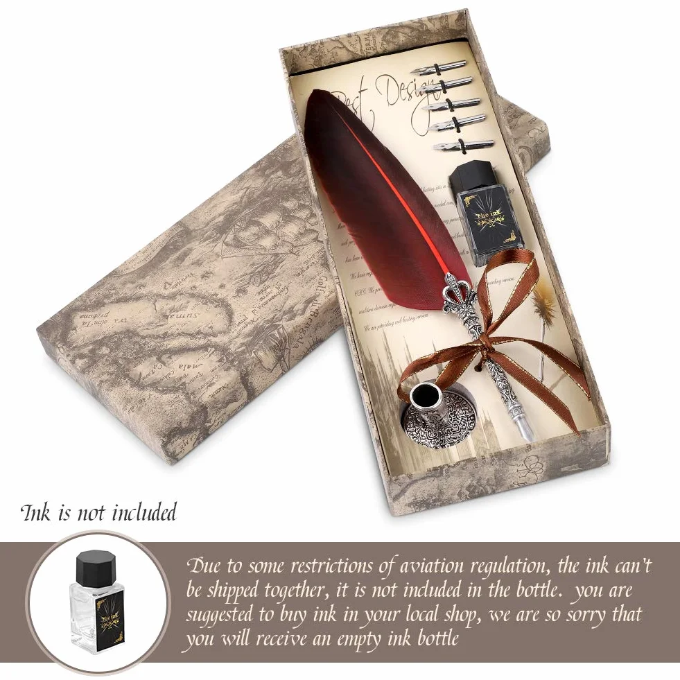 Quill Pen antike Kalligraphie Feder handgemachte Feder und Tinte Set, calligraphy set für englische Schrift, Vintage Executive Briefpapier Geschenk mit Flasche Nib Bases (rot)