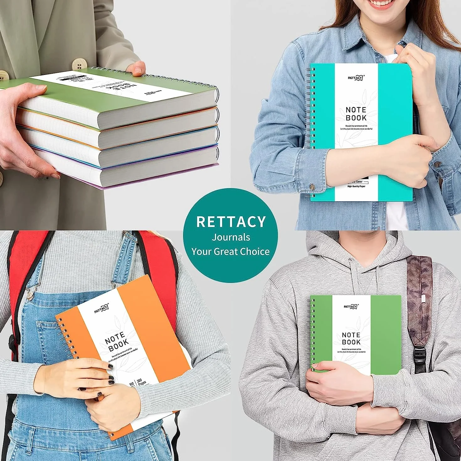 RETTACY A4 Notatnik, zeszyt, zeszyty spiralne, 300 kartek/150 stron do pisania, 100 g/m² papier linowany, okładka twarda PVC, 21,5 x 27,9 cm – różowy