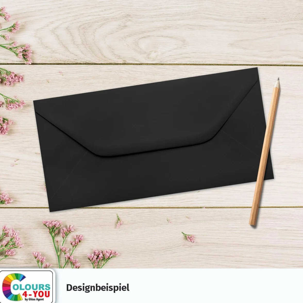 Colours-4-you 50 kopert DIN długie, czarne, 11,0 x 22,0 cm, koperty o gramaturze 80 g/m², klejenie na mokro z prostą klapką, koperty bez okienka