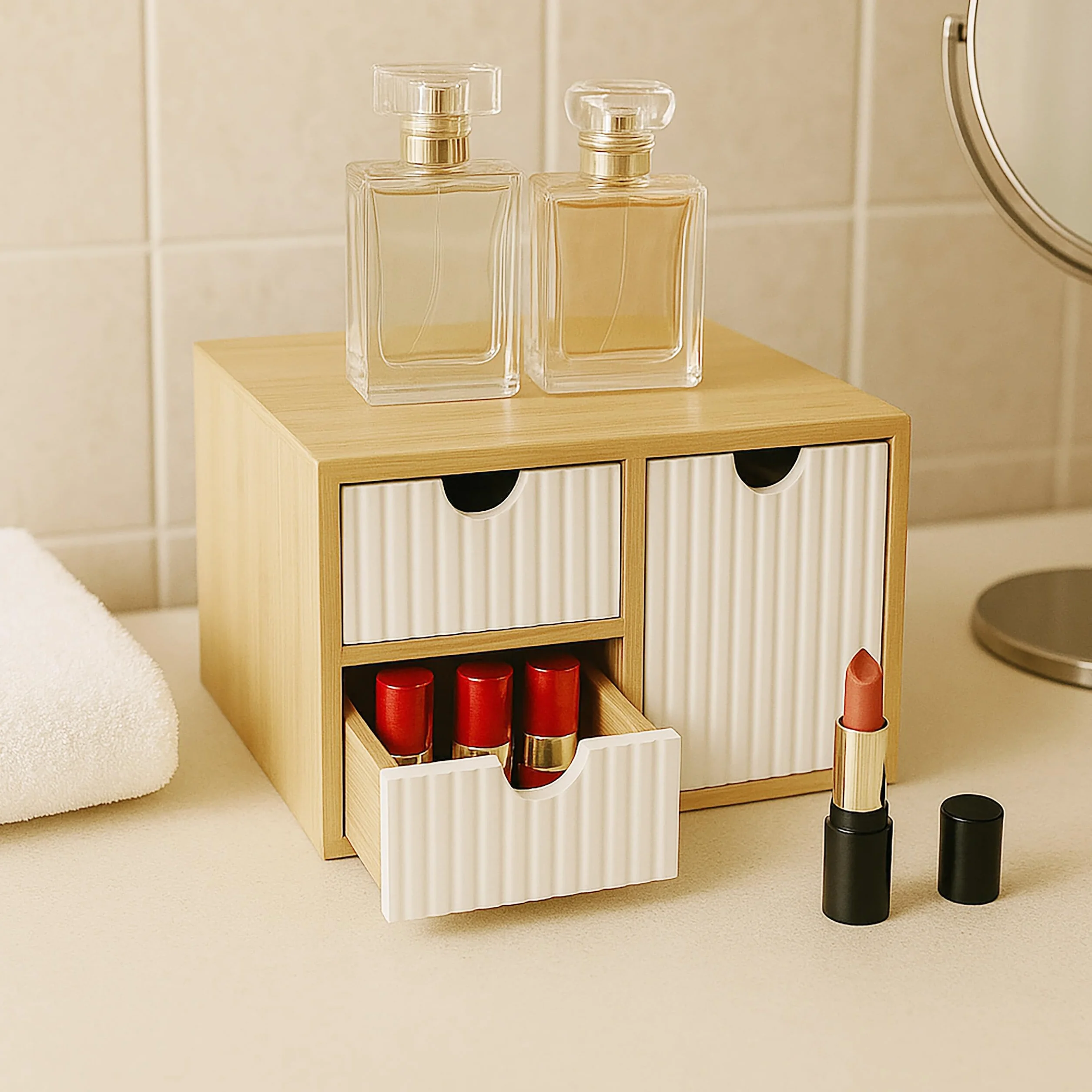 Relaxdays Pudełko z szufladami bambus MDF 3 szuflady organizer na biurko biały naturalny