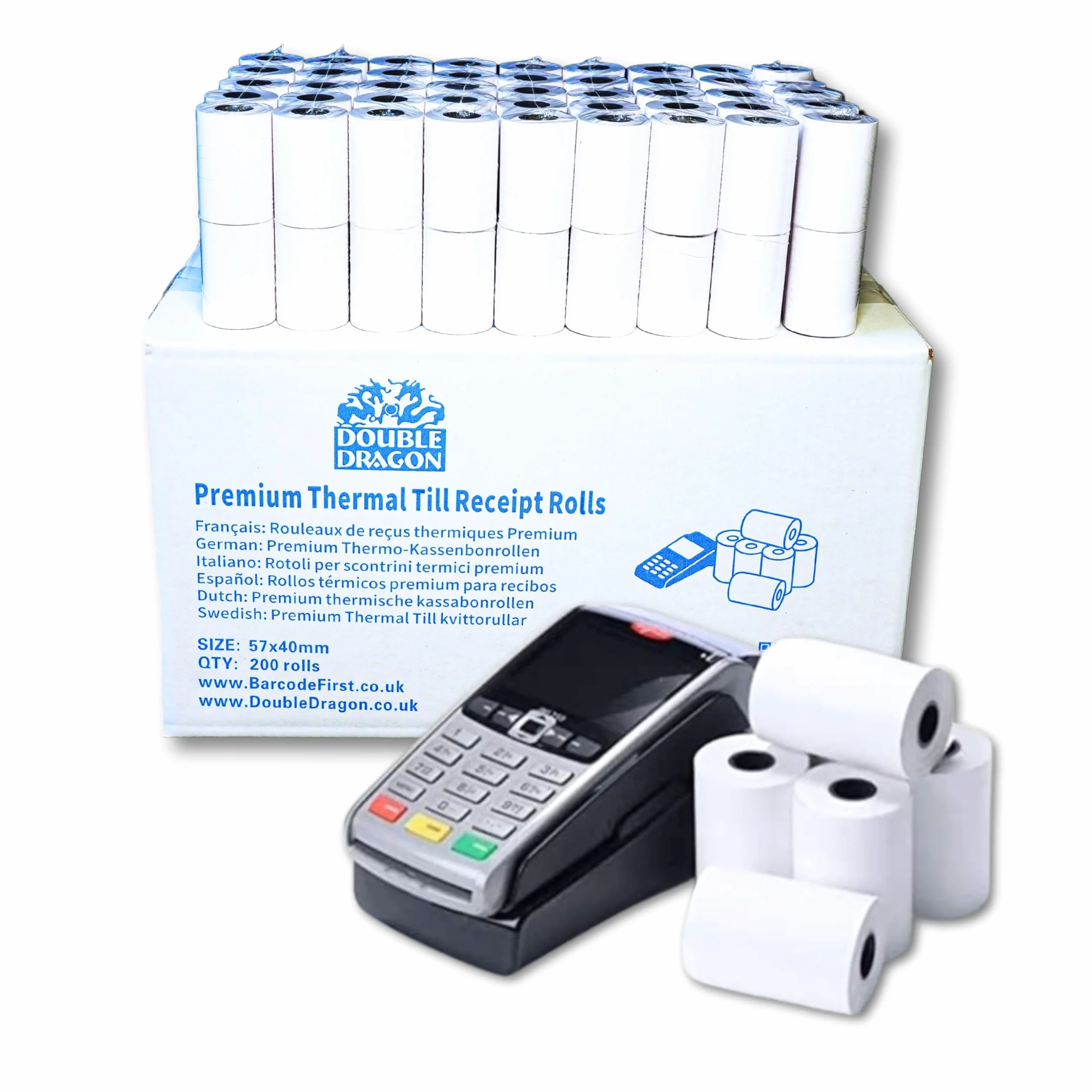 20 rolek termicznych kart kredytowych 57 x 40 mm PDQ rolki papieru termicznego, paragon, do terminali PDQ POS EPOS EFTPOS, Barclaycard Verifone Ingenico Move Sagem Spire Pax Worldpay