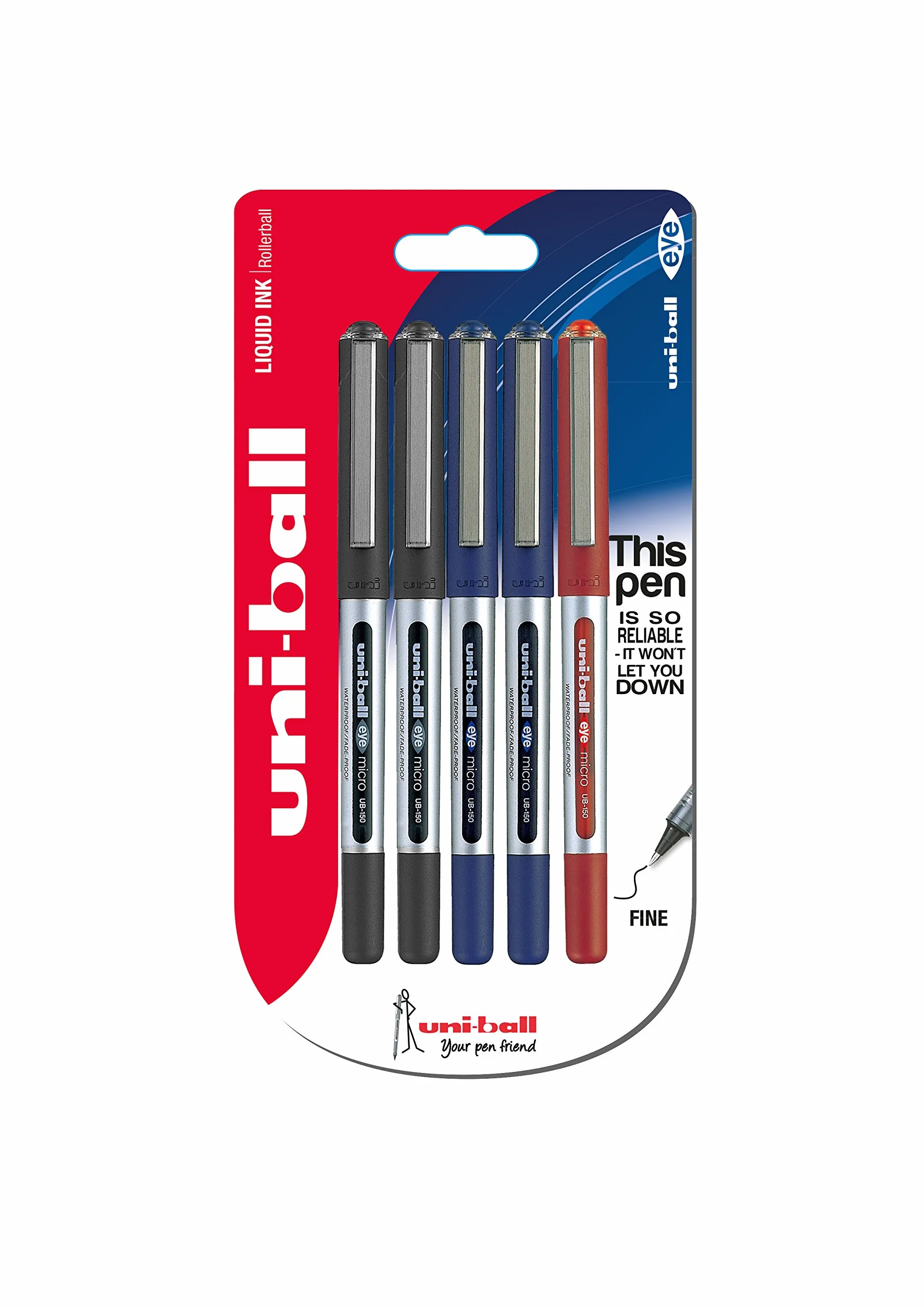 uni-ball UB-150 Eye Micro długopisy kulkowe 0,5 mm czarny niebieski czerwony Uni Super Ink opakowanie 5 sztuk