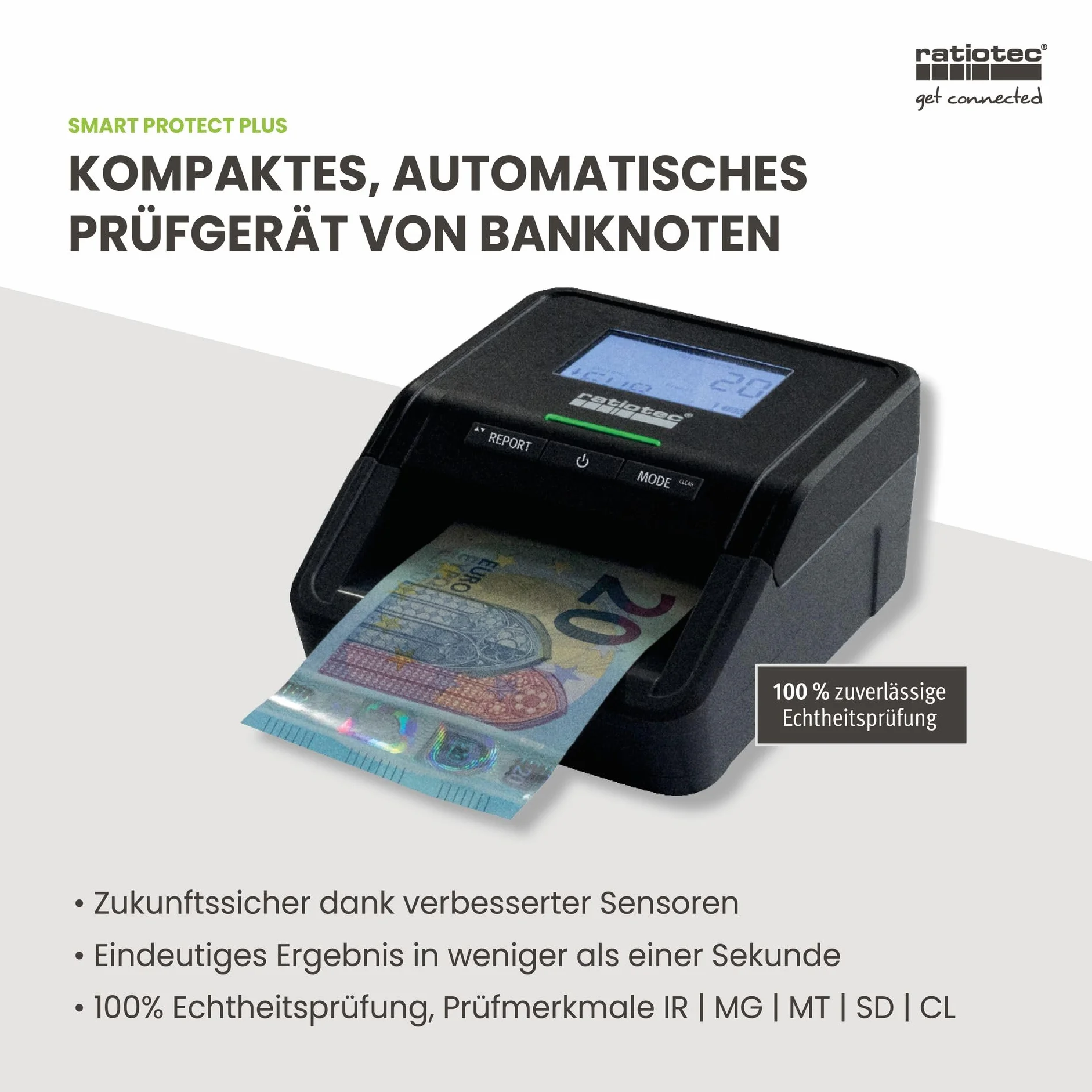 ratiotec Tester banknotów Smart Protect Plus – automatyczne urządzenie do sprawdzania autentyczności banknotów