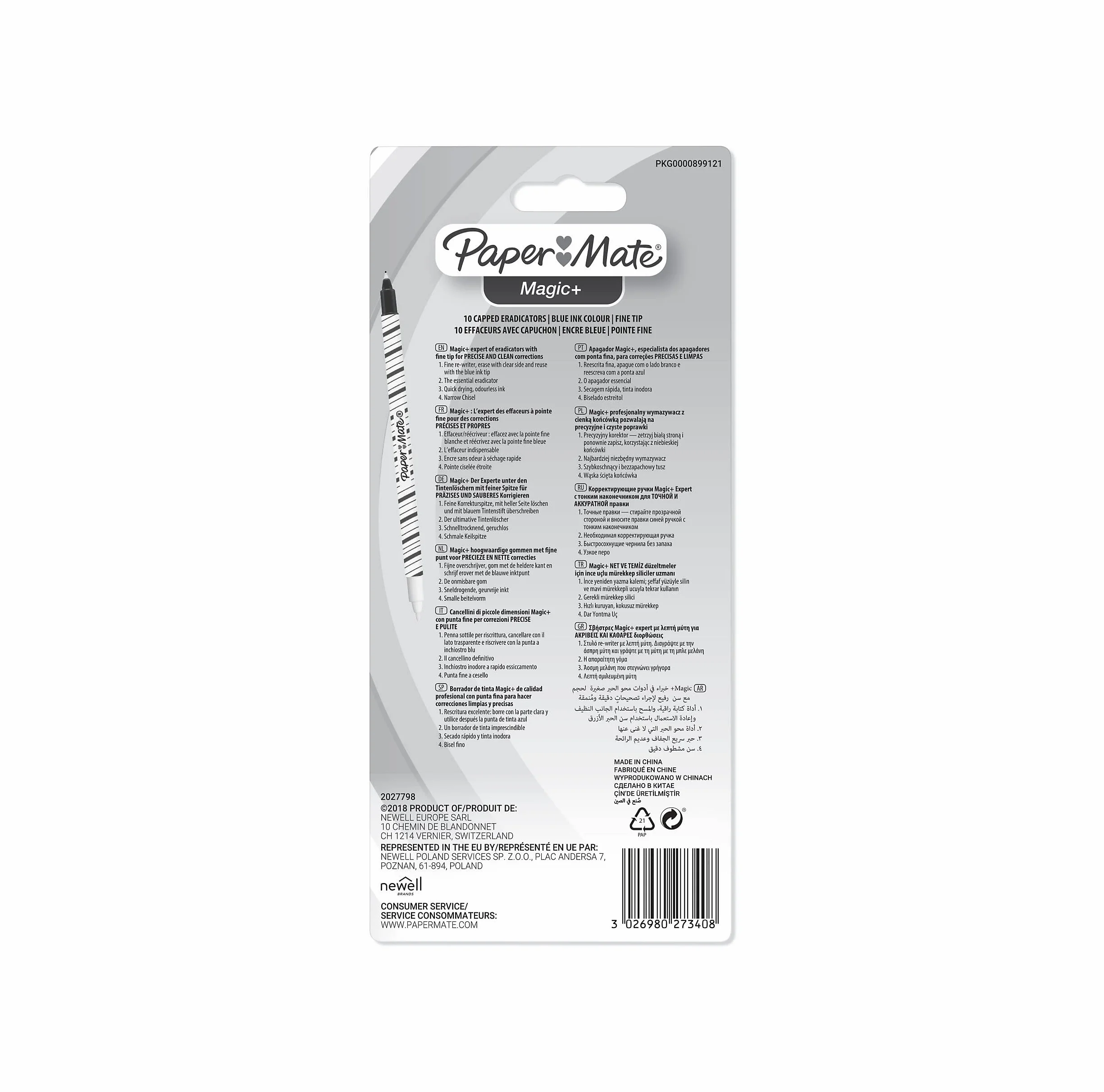 PAPER MATE Magic+ wkład atramentowy, cienka końcówka do pisania, niebieska, opakowanie 8 + 2 szt