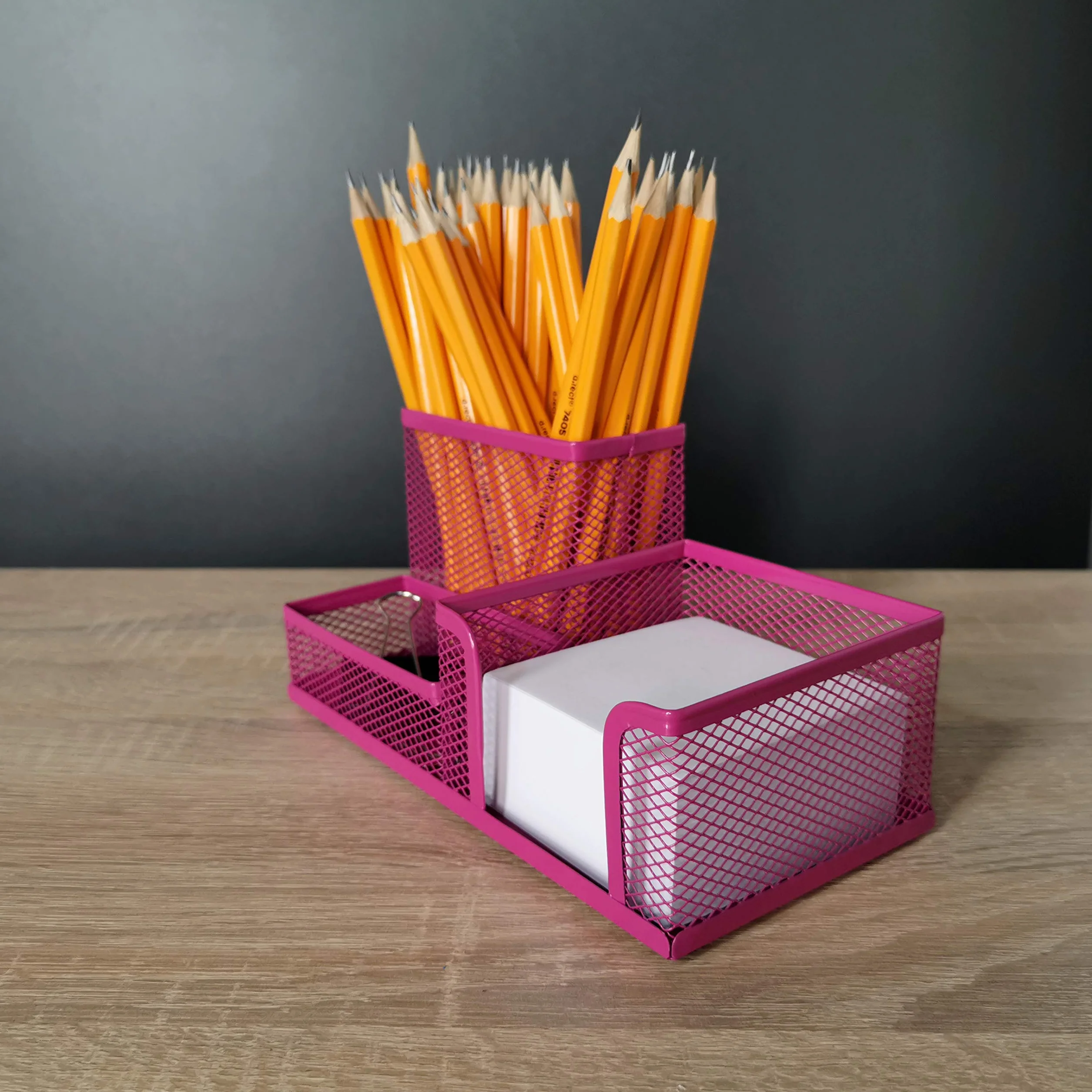 Leviatan Organizer na Biurko z Siatki Metalowej – Różowy Pojemnik na Długopisy i Karteczki – Półka Biurowa 205 x 103 x 98 mm