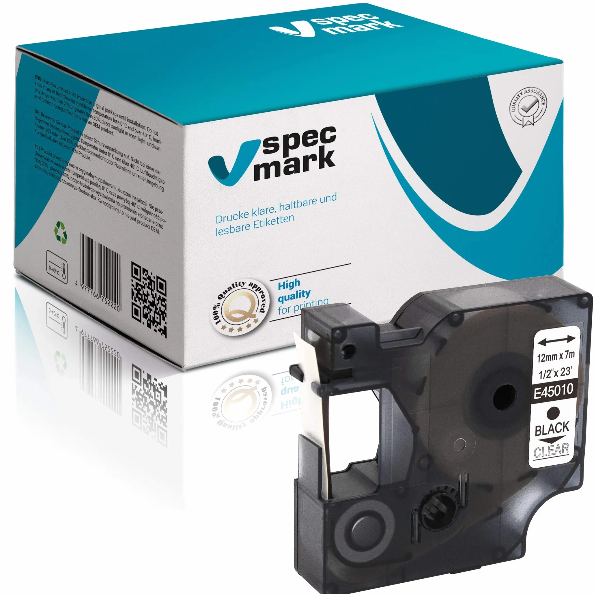 Specmark Taśma 12 mm x 7 m Kompatybilna z DYMO D1 45010 S0720530 Zestaw 2 Szt. Czarna Przezroczysta