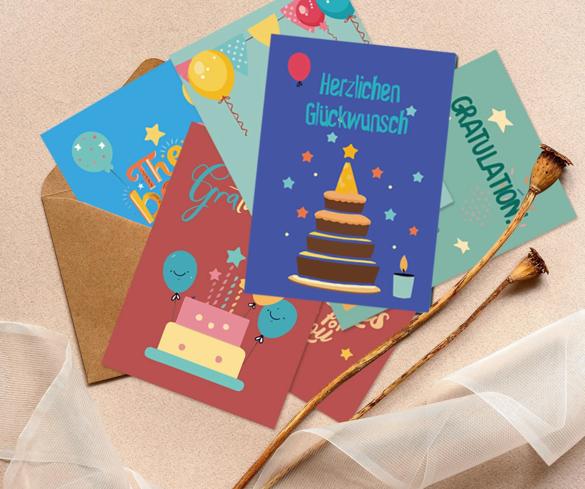 BIROYAL Zestaw 27 kartek urodzinowych z kopertą dla dzieci Happy Birthday