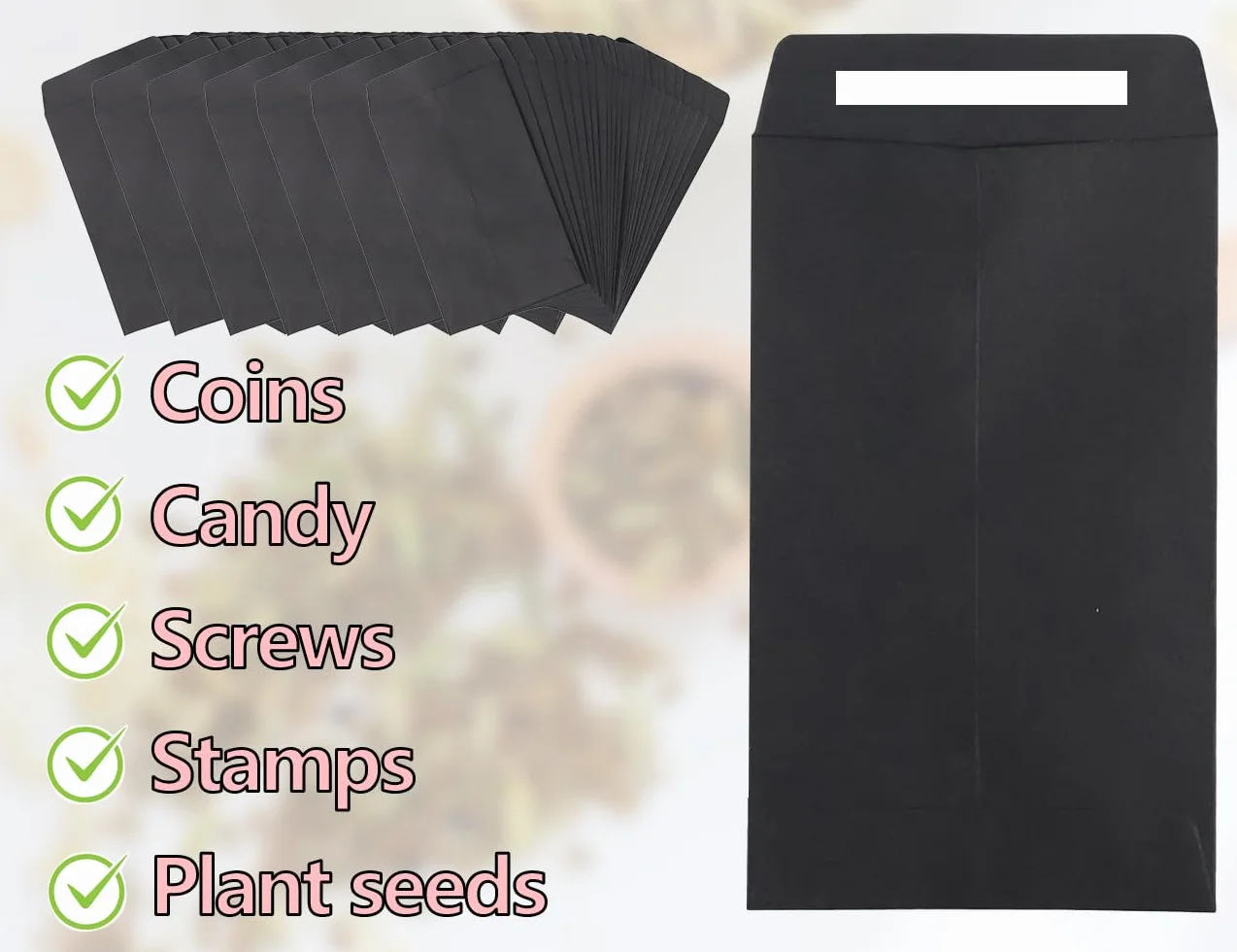 KAPSING 100 sztuk czarne małe samoprzylepne torby papierowe typu kraft mini torebki na nasiona, wynagrodzenie, monety (10 x 6 cm/3,9 x 2,4 cala)
