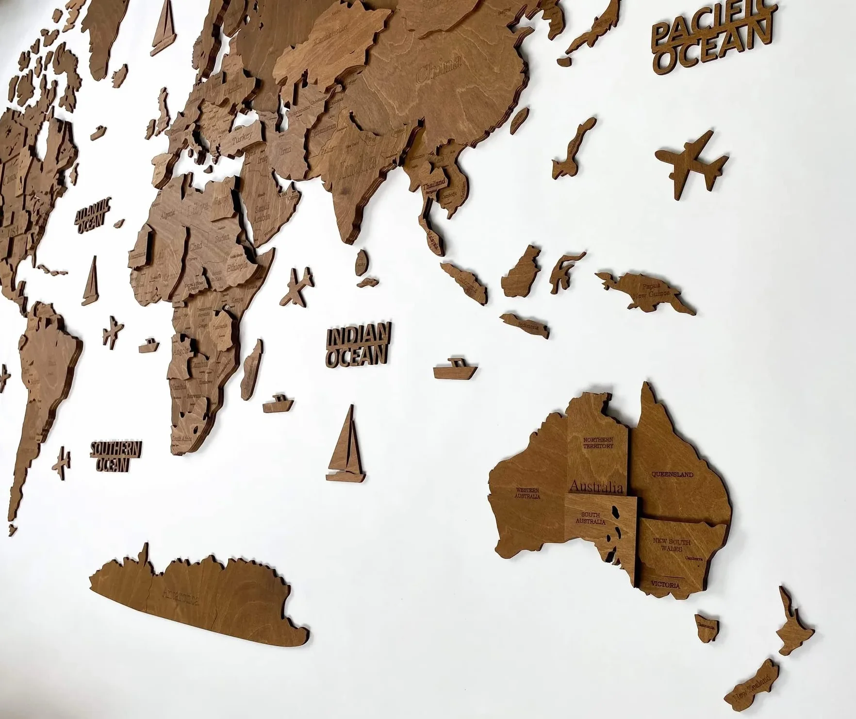 Duża drewniana mapa świata 3D sztuka ścienna dekoracja rozmiar M L XL