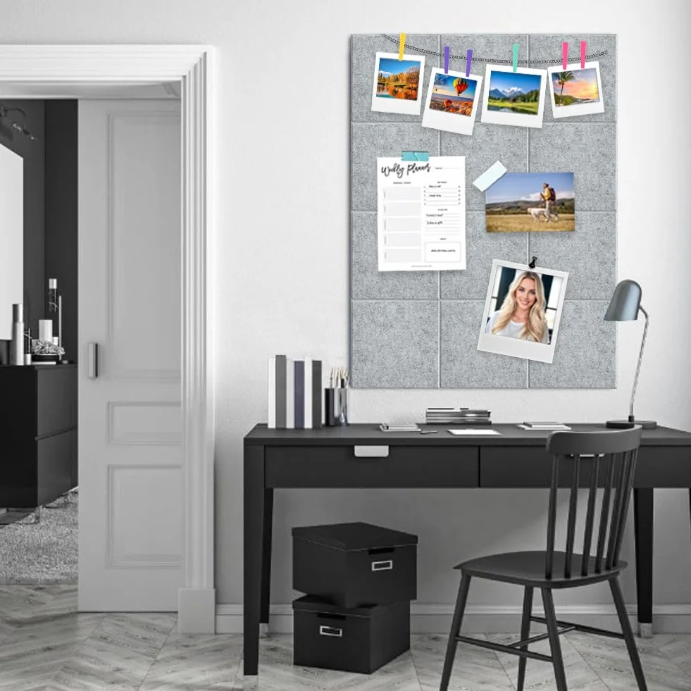 Tablica do przypinania, duża, samoprzylepna, 90 x 120 cm - 12 sztuk dekoracyjnych tablic do przypinania z filcu, 30 x 30 cm, tablica do notatek, dekoracja ścienna, składana tablica fotograficzna
