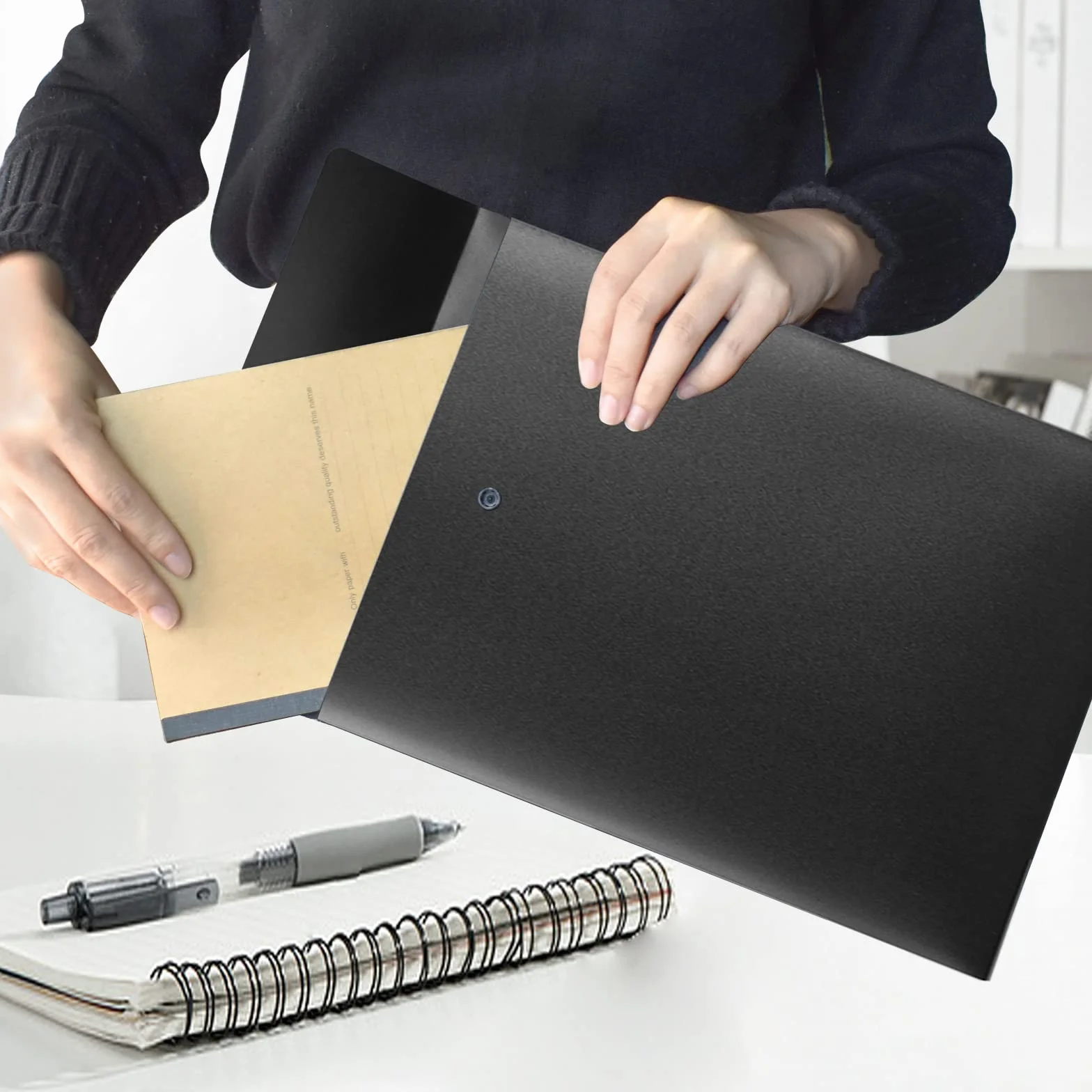 VANRA Vertical File Folders Poly Filing Envelope Plastic Project Folder with Snap Button Closure for A4 Letter Size Paper (Pack of 5, Black)