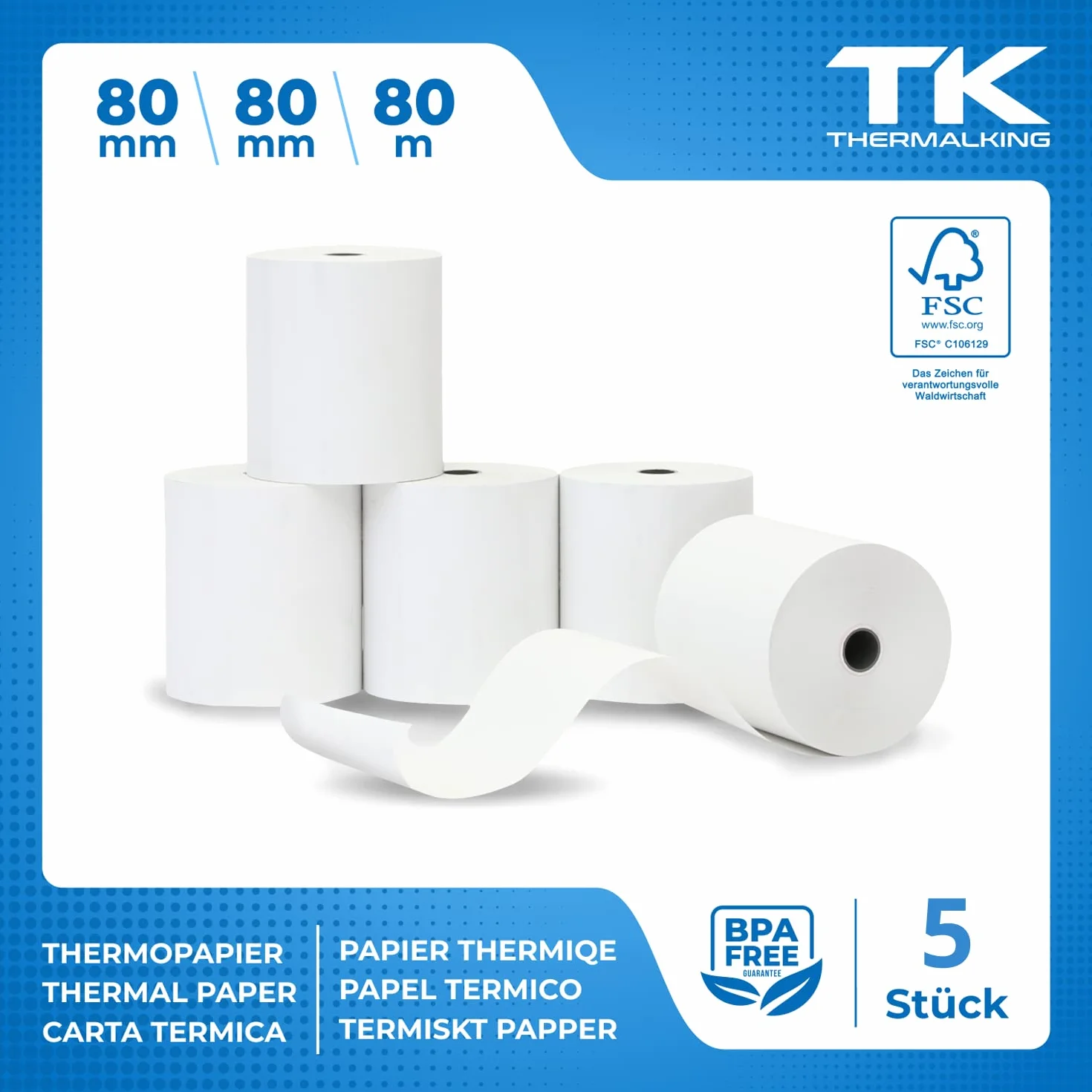 THERMALKING Podatkowa skrzynka termiczna 80x80 cm Rolka do drukarki kasy fiskalnej 80x80 m x12 mm 5x