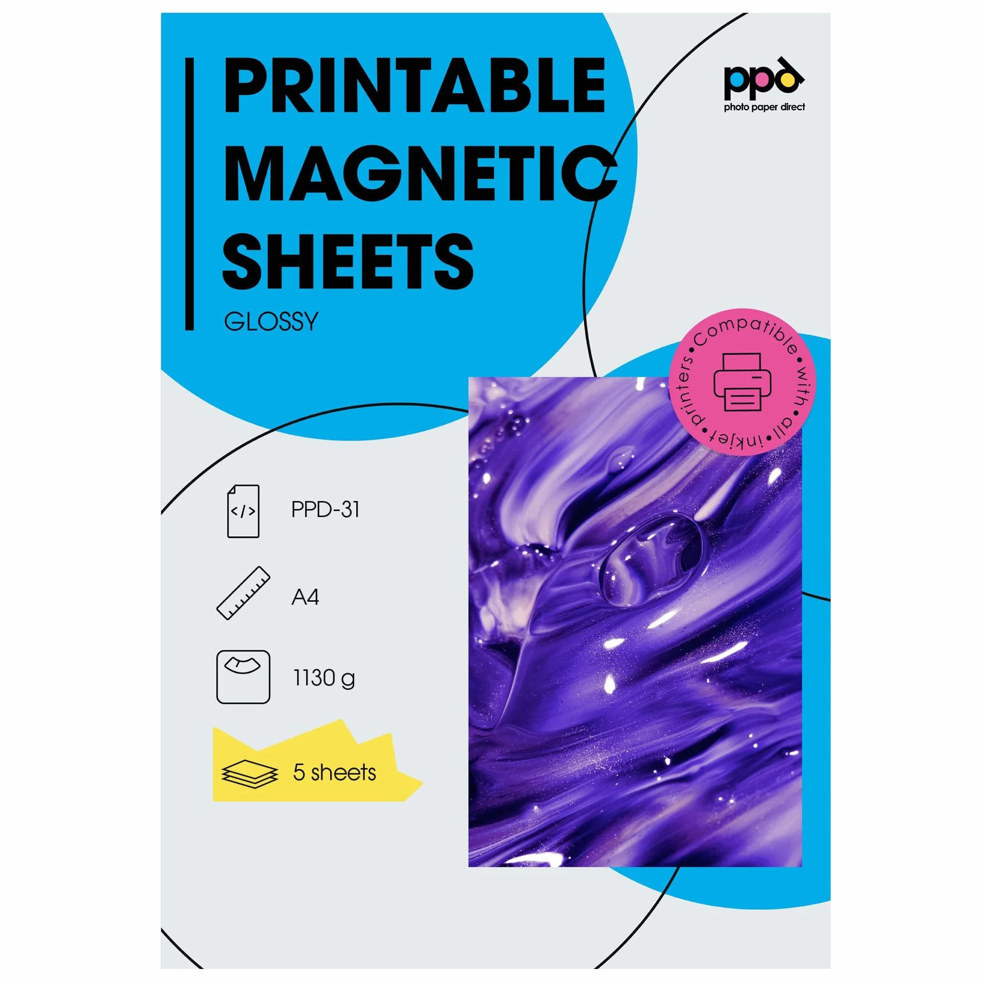 PPD A4 5 Arkuszy Błyszczącego Papieru Magnetycznego do Drukarek Atramentowych - PPD-31-5