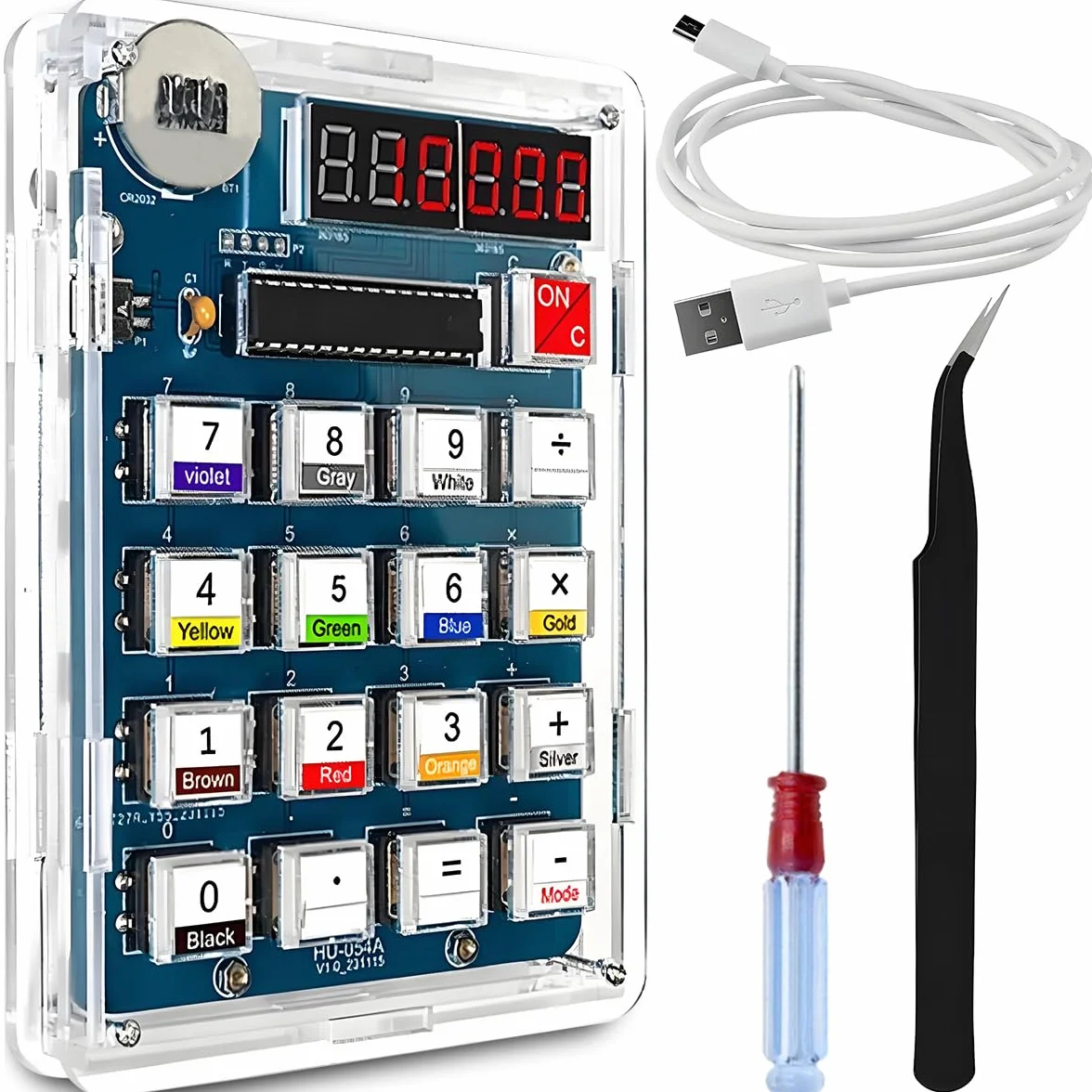 Zestaw do ćwiczeń lutowniczych DIY, 6-cyfrowy kalkulator DIY, zasilany przez USB/baterię, z czytnikiem oporu, gry matematyczne, przezroczysty kalkulator do szkoły i biura, z kablem USB i