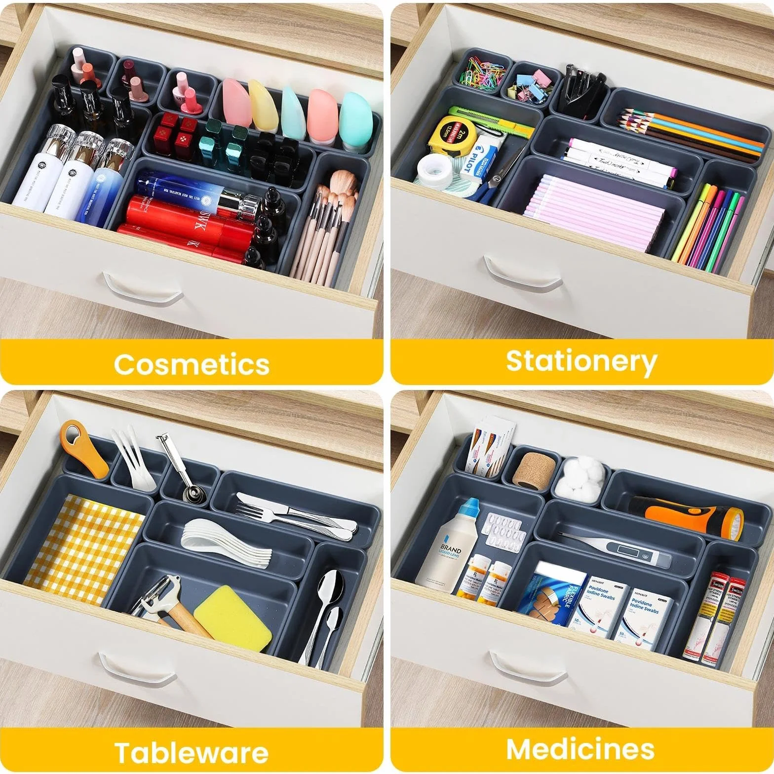 Organizacja szuflad, schowek, 8 sztuk Organizer szuflady kuchnia, 3 rozmiary, regulowany, antypoślizgowy organizer szuflady na biurko, łazienkę, biuro, separację domową, przybory, plastik