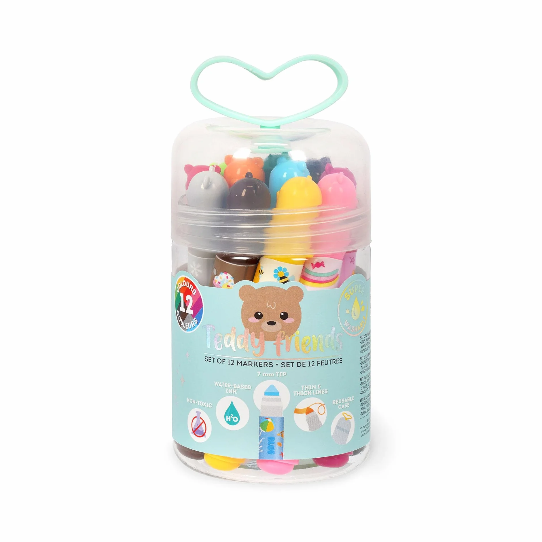 Legami - Zestaw 12 markerów - Teddy Friends, 12 kolorów, zmywalnych, toksycznych końcówek, cienkich, szerokich pociągnięć, dla dzieci i dziewcząt, opakowanie wielokrotnego użytku