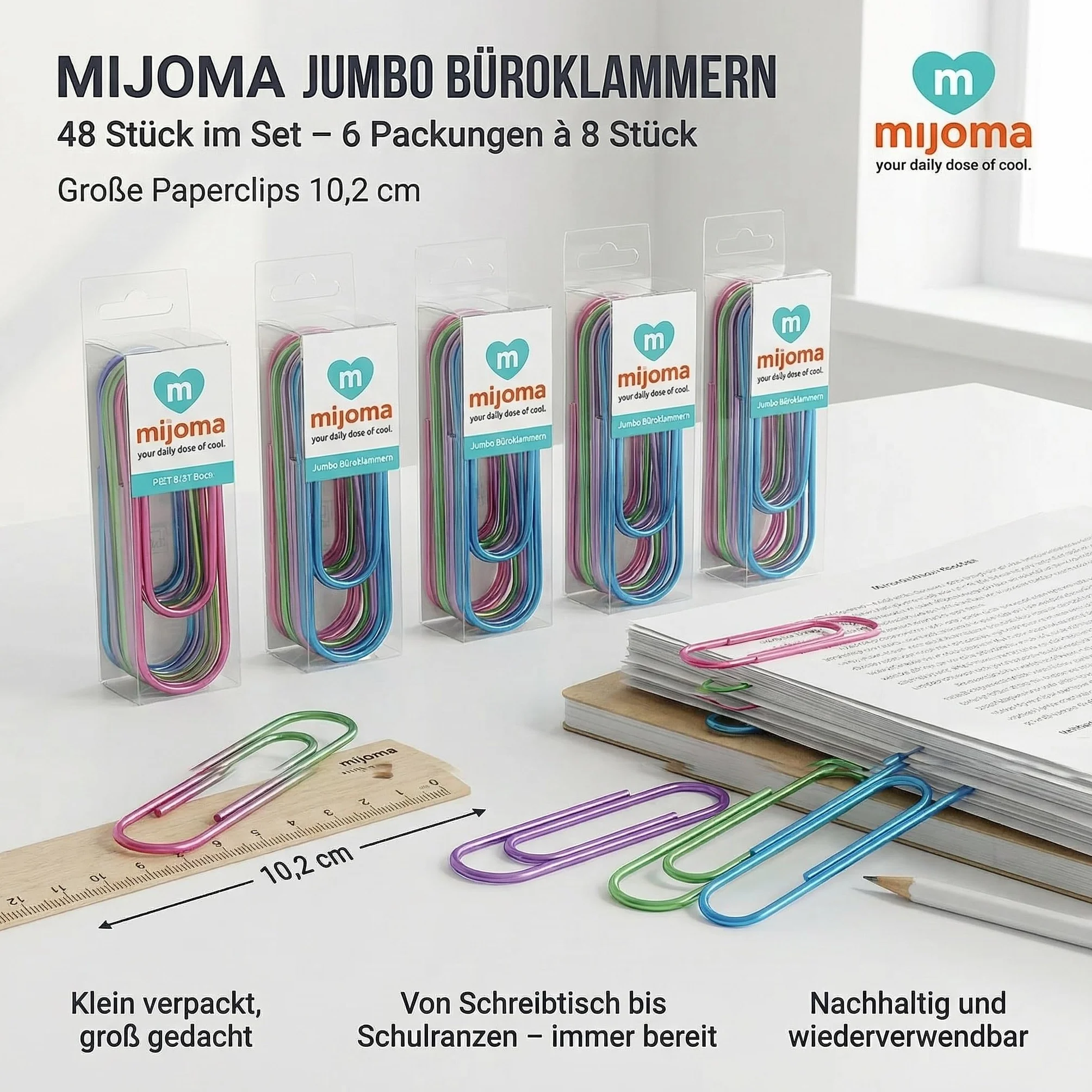 MIJOMA Jumbo spinacze biurowe, 48 sztuk w zestawie – kolorowe spinacze biurowe z metalu – duże klipsy 10,2 cm – sortowane kolory – stabilne i wielokrotnego użytku
