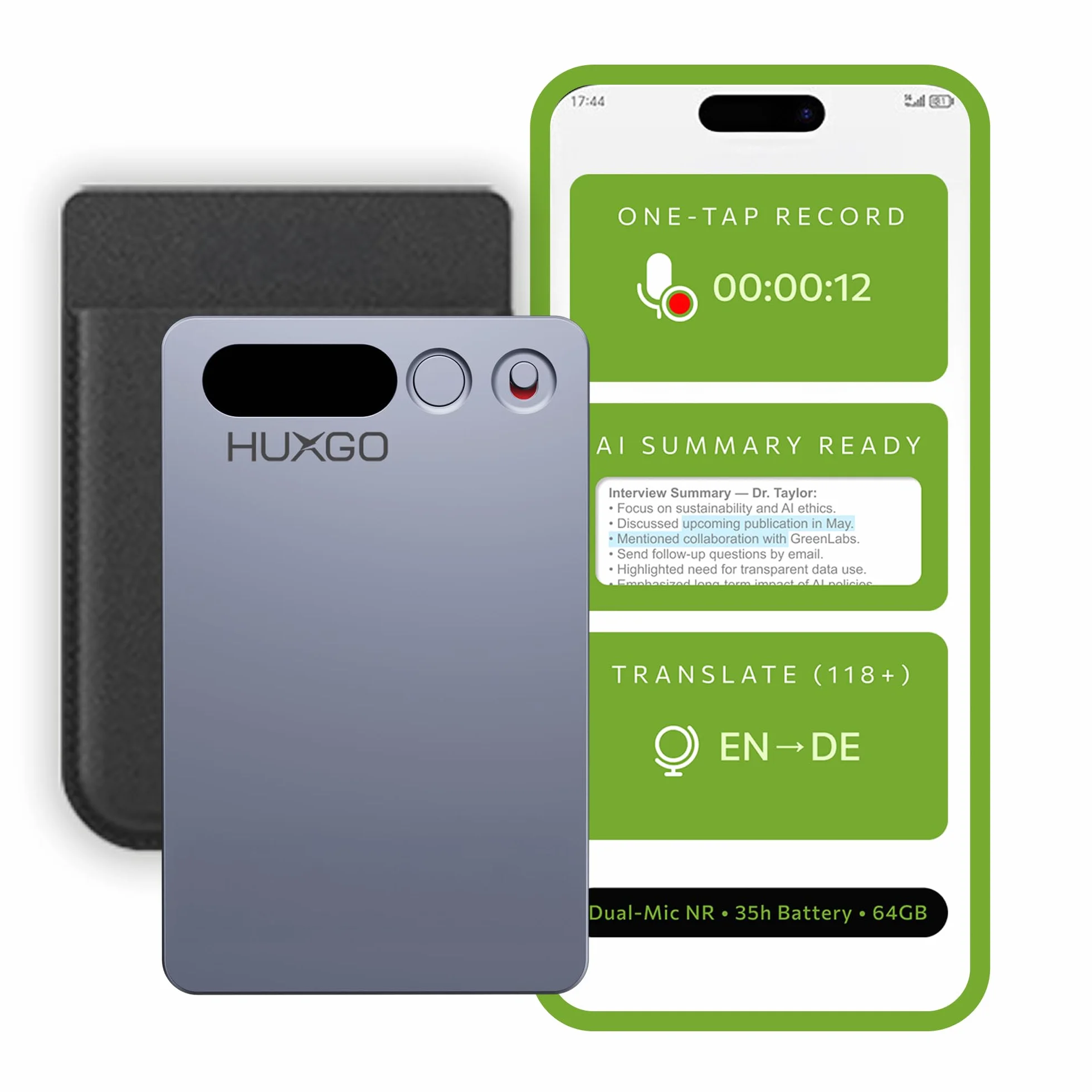 Dyktafon Cyfrowy AI 64GB HUXGO z Podwójnym Mikrofonem Redukcją Szumów Bluetooth 5.3 35h Nagrywania