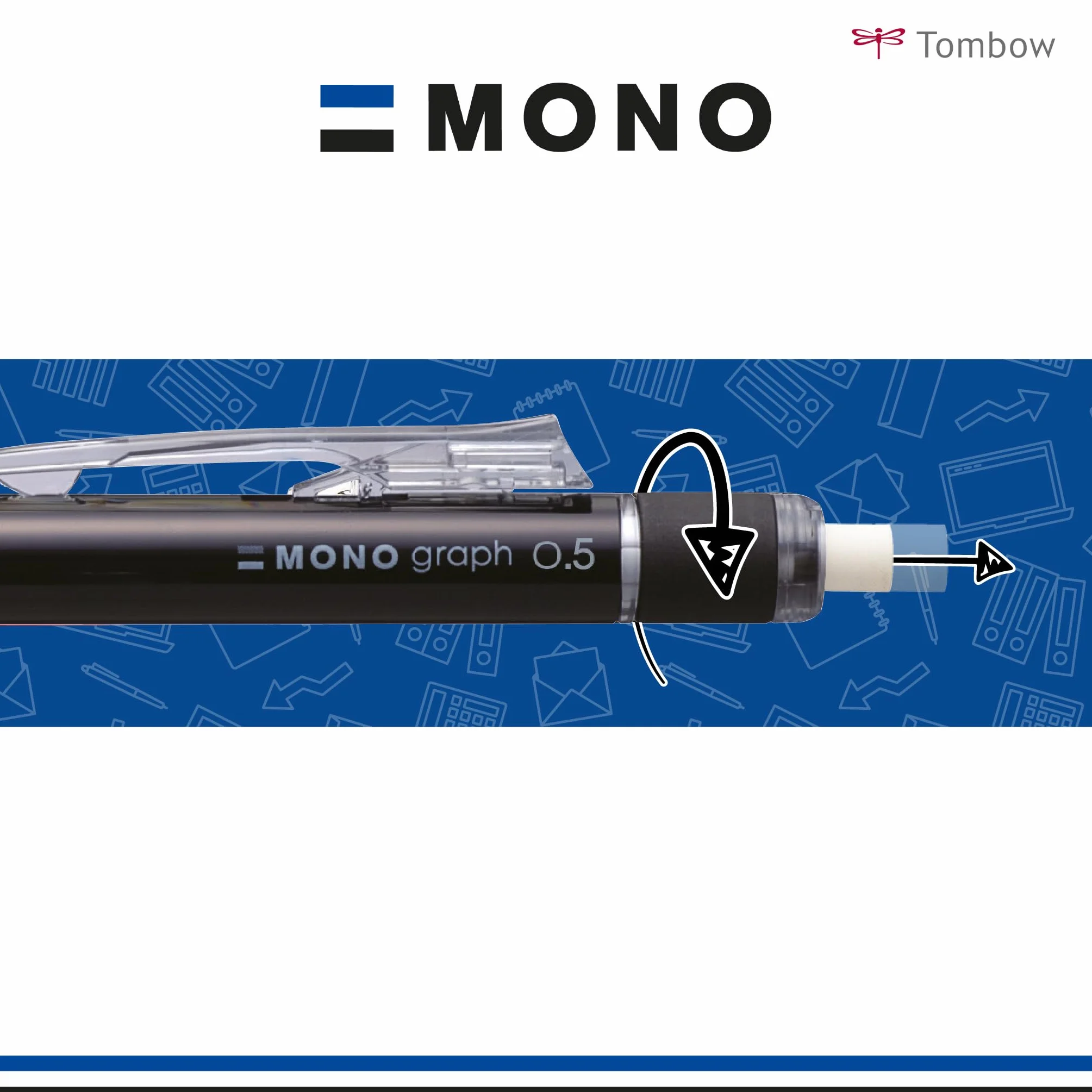 Tombow Ołówek mechaniczny MONO graph 05 matowy fioletowy, grubość kreski 0,5 mm, HB, zintegrowana gumka do ścierania [SH-MG92]