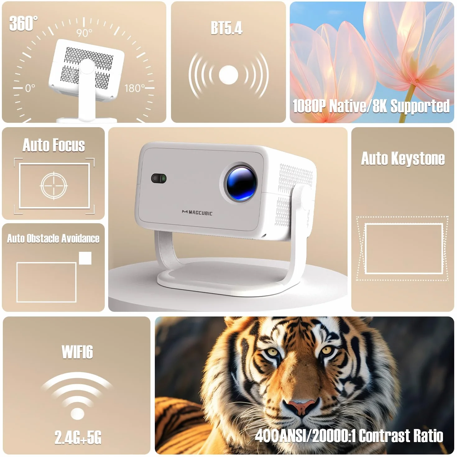Magcubic Mini Smart Beamer 4K 1080p przenośny projektor WiFi 6 Bluetooth 5.4 autofokus HY350 12 W obracany 180° Biały