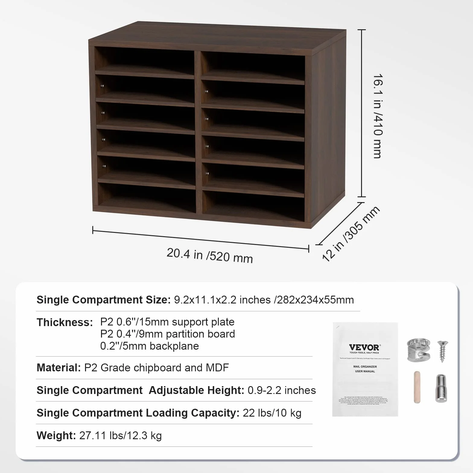VEVOR Drewniany organizer na biurko 52 x 30,5 x 41 cm 12-komorowy sorter na dokumenty kosz pocztowy płyta wiórowa wyjmowana półka na dokumenty do przechowywania plików czasopism szkolnych brązowy