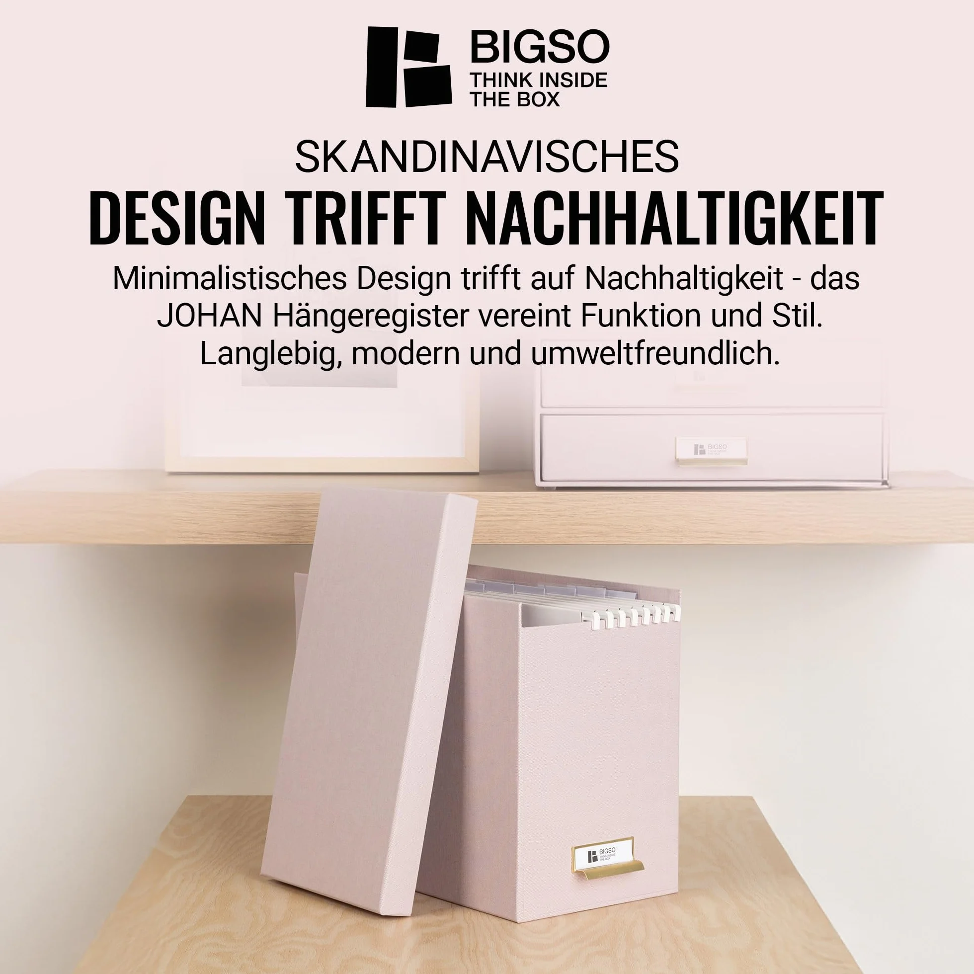 BIGSO JOHAN wiszący segregator A4 – pudełko na teczki wiszące z pokrywką i uchwytem – półka na teczki wiszące i dokumenty – pudełko do przechowywania z płyty pilśniowej i papieru z recyklingu – różowe