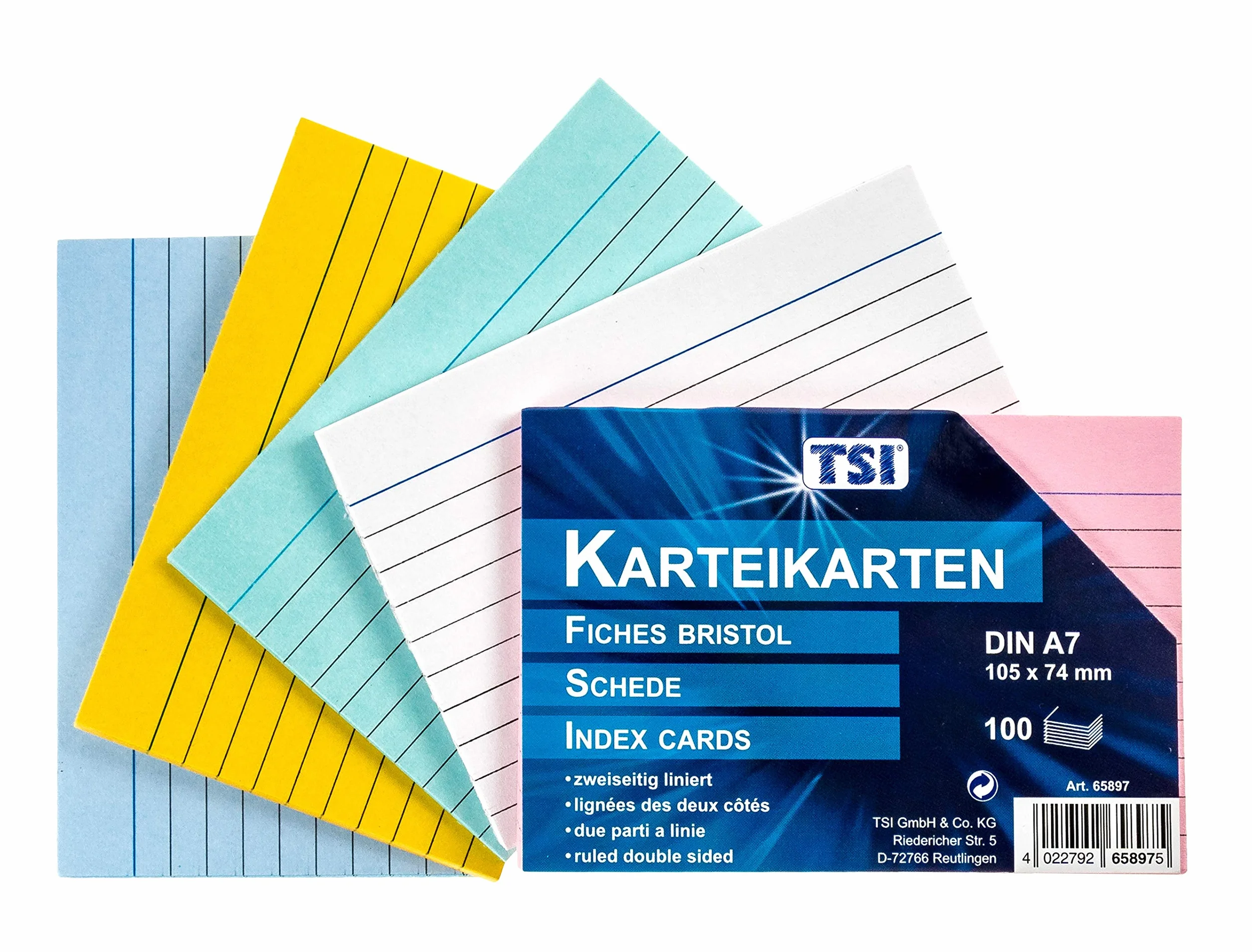 TSI Fiszki sortowane pod względem koloru, opakowanie 100 sztuk, w linie, rozmiar: DIN A7 (105 x 74 mm), nr art. 65897