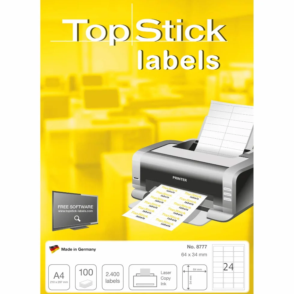 TopStick Naklejki adresowe DIN A4 64 x 34 mm 100 arkuszy papier matowy samoprzylepne 2400 etykiet białe