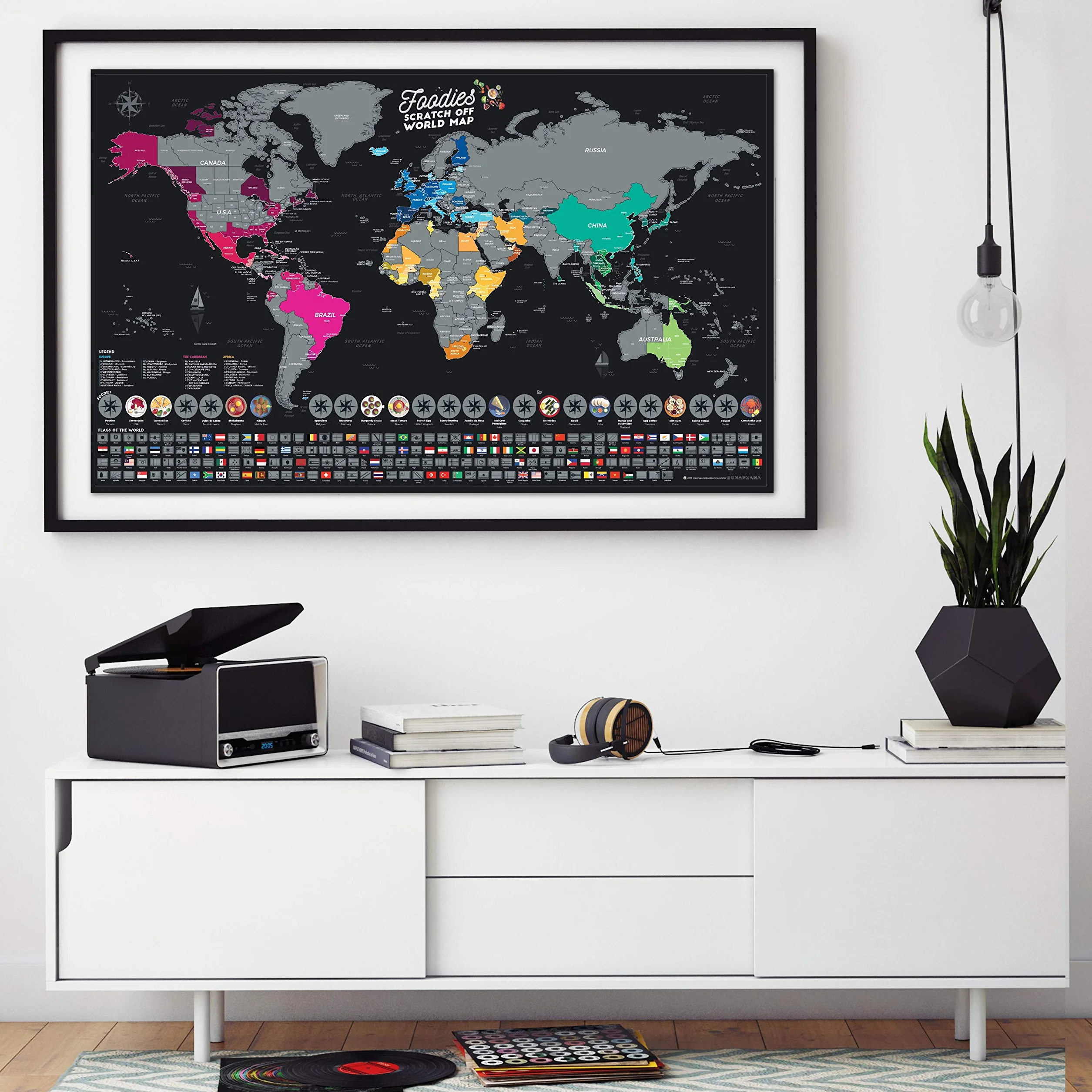 Bonanzana Mapa świata do zdrapywania XXL 70 x 42 cm z 25 produktami spożywczymi i 197 flagami Scratch off World Map prezent