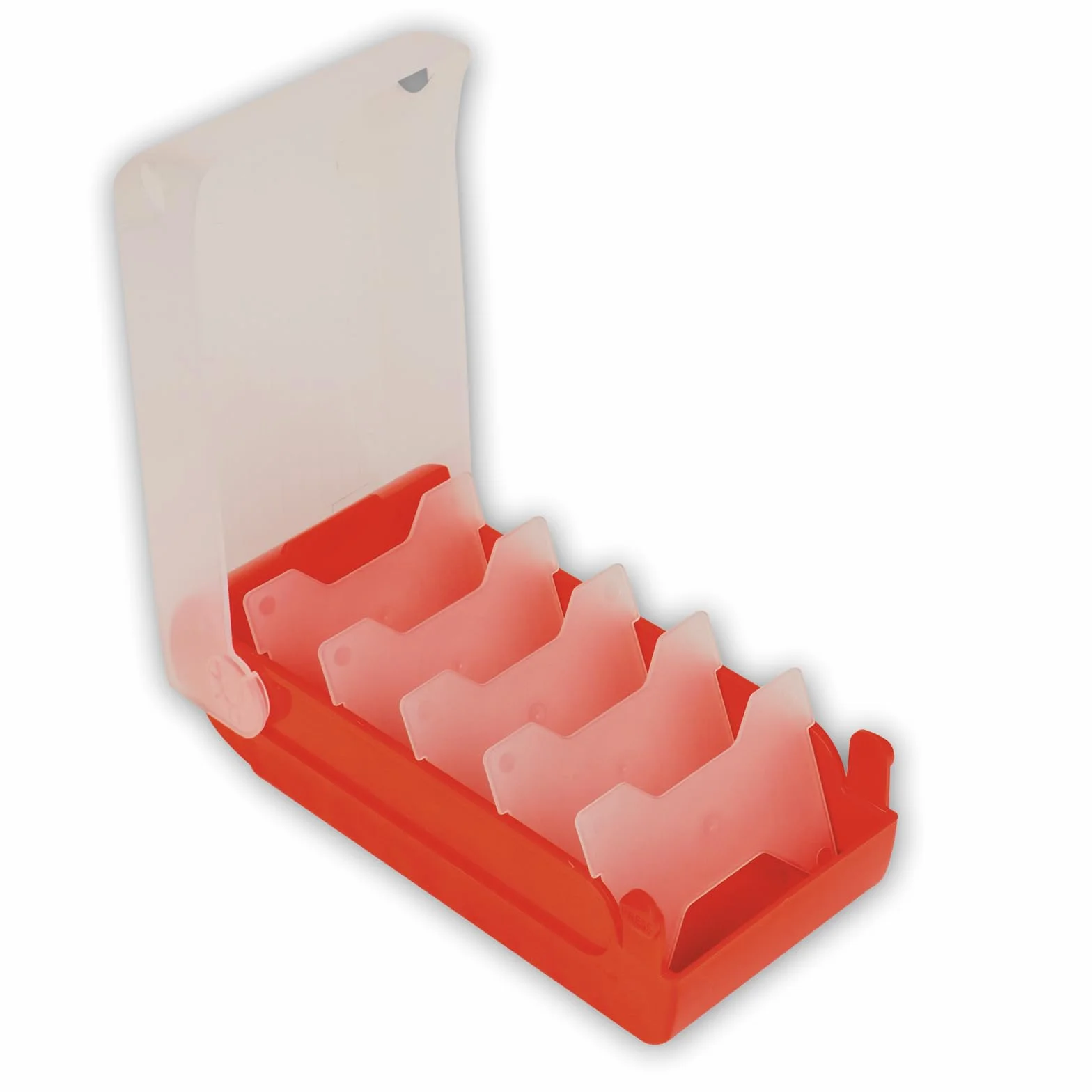 TimeTEX - Pudełko na fiszki z wytrzymałego tworzywa sztucznego, A8, półprzezroczyste, z wsuwaną pokrywką, 5 przegródek, 20 x 9 x 7 cm, kolor: czerwony