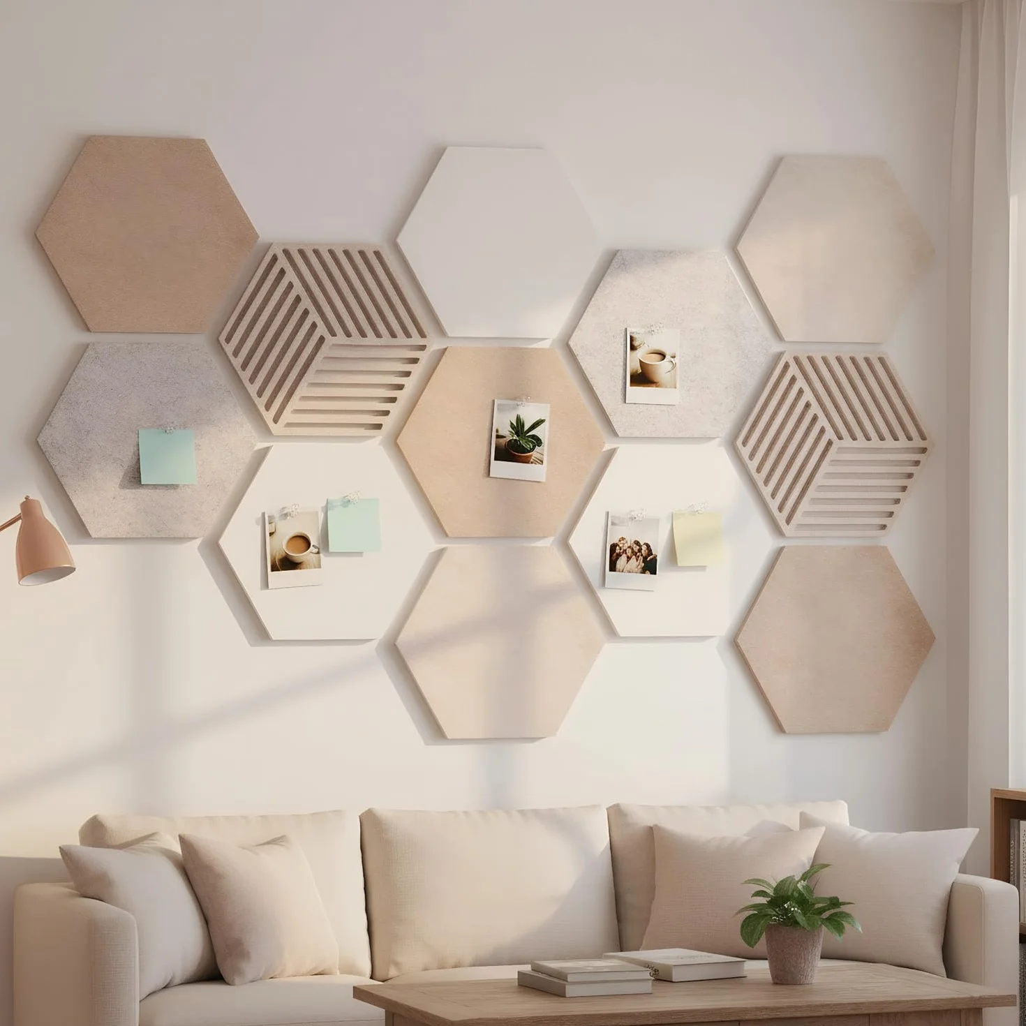 Acidea Sześciokątne tablice korkowe na ściany, samoprzylepne, DIY, filcowe płytki korkowe z 50 pinezkami, do biura, szkoły, domu, dekoracja ścienna, naklejki, notatki, zdjęcia, 12 szt