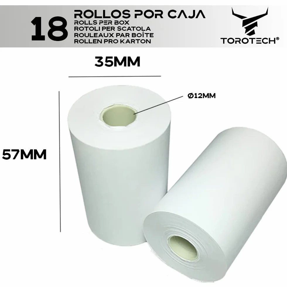 TOROTECH Rolki Termiczne 57x35x12 mm – 18 rolek – Rolki Papieru Termicznego – Przyjazne dla Srodowiska bez BPA – Terminale Biletowe – Rolki do Drukarki POS TPV (18)