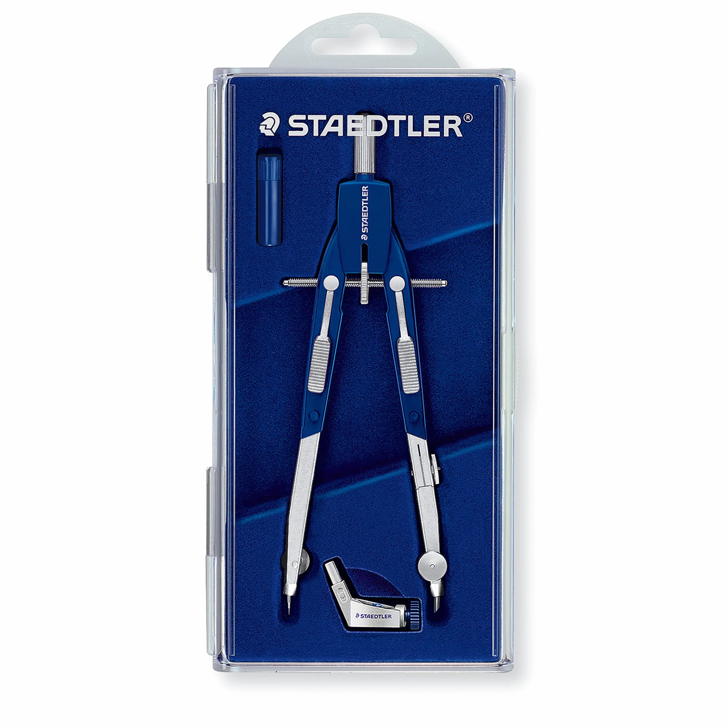 STAEDTLER Mars Comfort 552 01 cyrkiel, cyrkiel z szybką regulacją, wymienna igła, zginane uda, średnica koła kreślarskiego: 350 mm, długość: 170 mm, kolor: niebieski, srebrny, etui z klapką