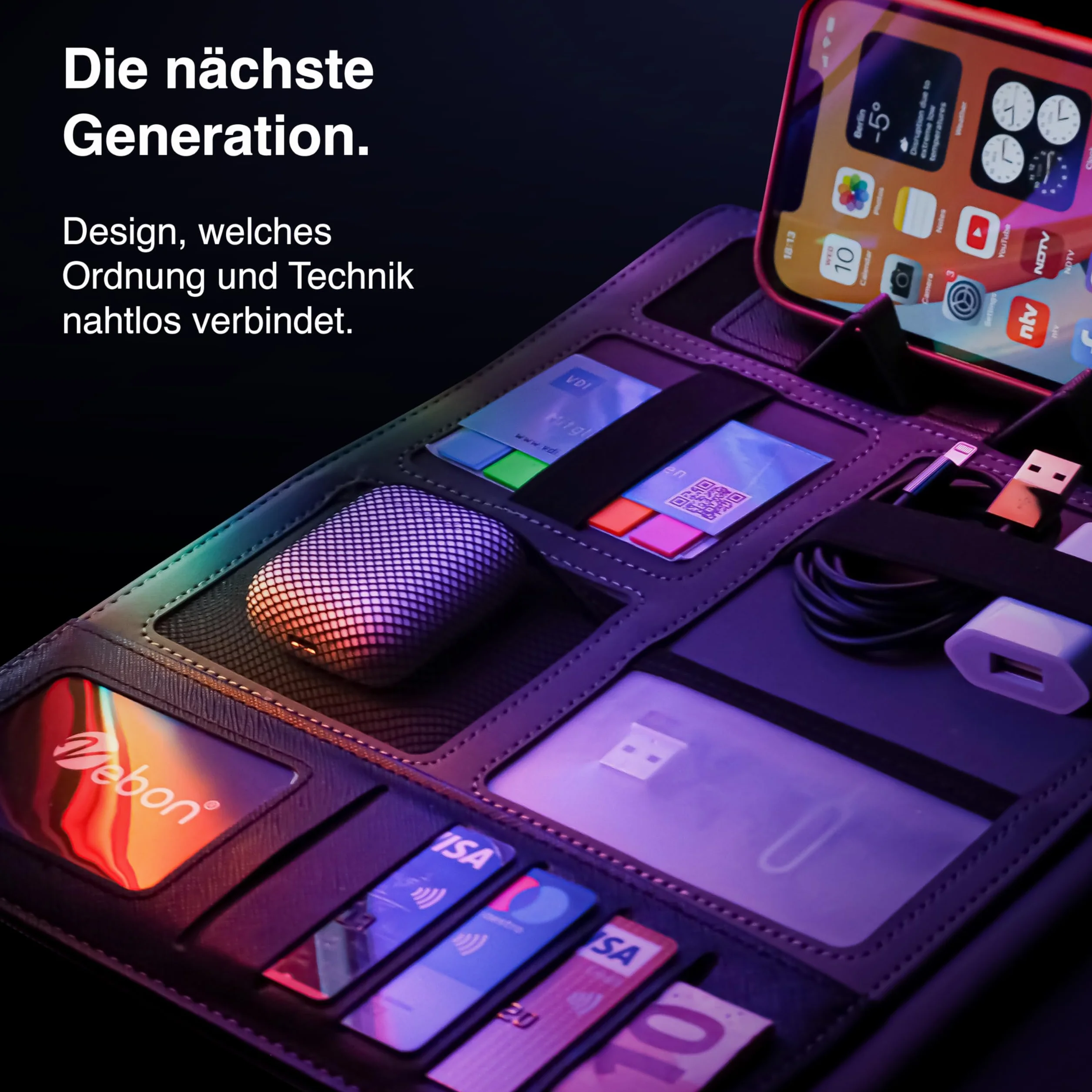 Vebon London Teczka konferencyjna formatu A4, z wegańskiej skóry, z zamkiem błyskawicznym, jako teczka na dokumenty i torba na laptop 2 w 1, z uchwytem na smartfon i podkładką z klipsem, czarny,