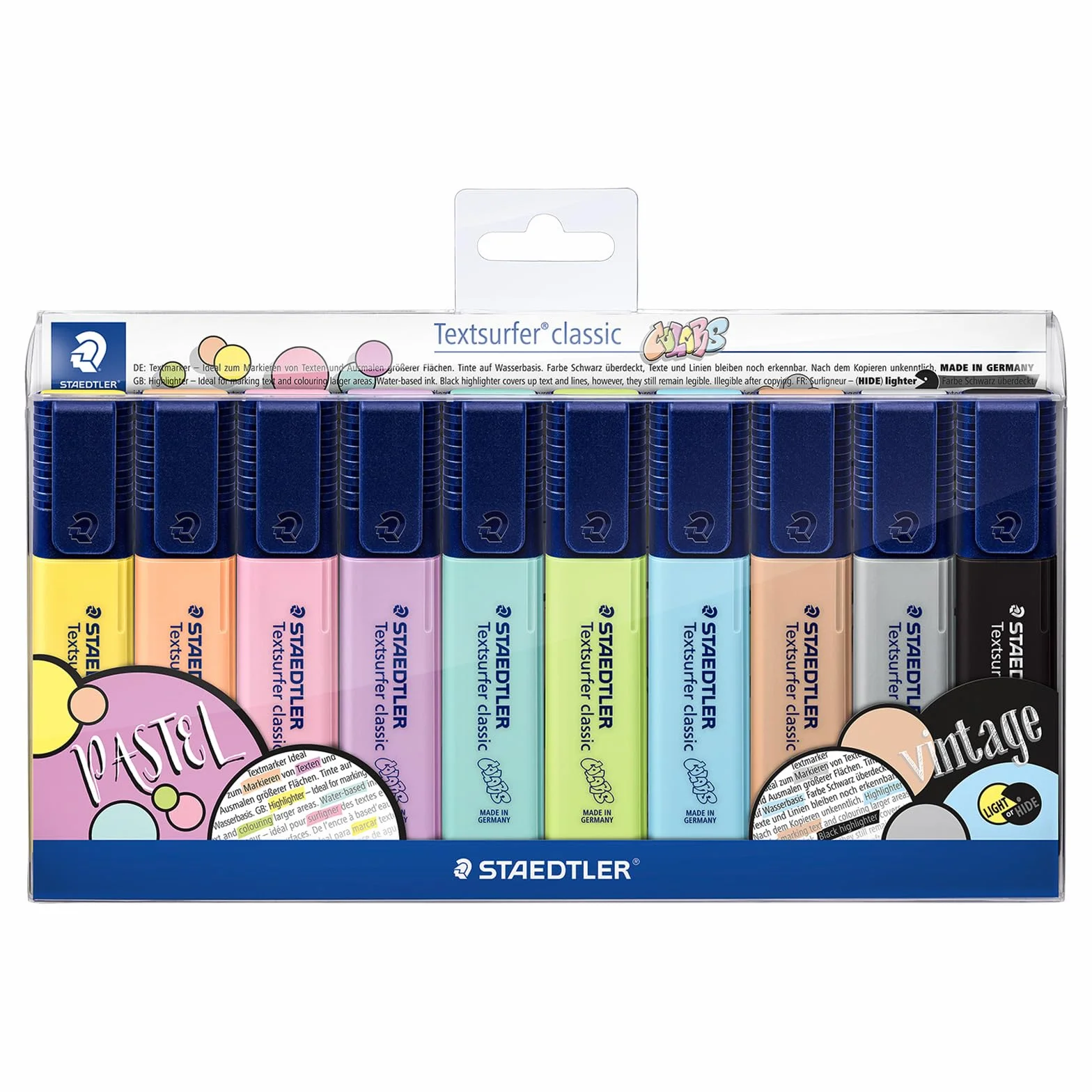 STAEDTLER 364 CWP10 Textsurfer classic 364 zakreślacze do tekstu (wysoka jakość Made in Germany, z dużym pojemnikiem atramentu dla bardzo długiego zaznaczania, etui w 10 kolorach, pastelowe i vintage)