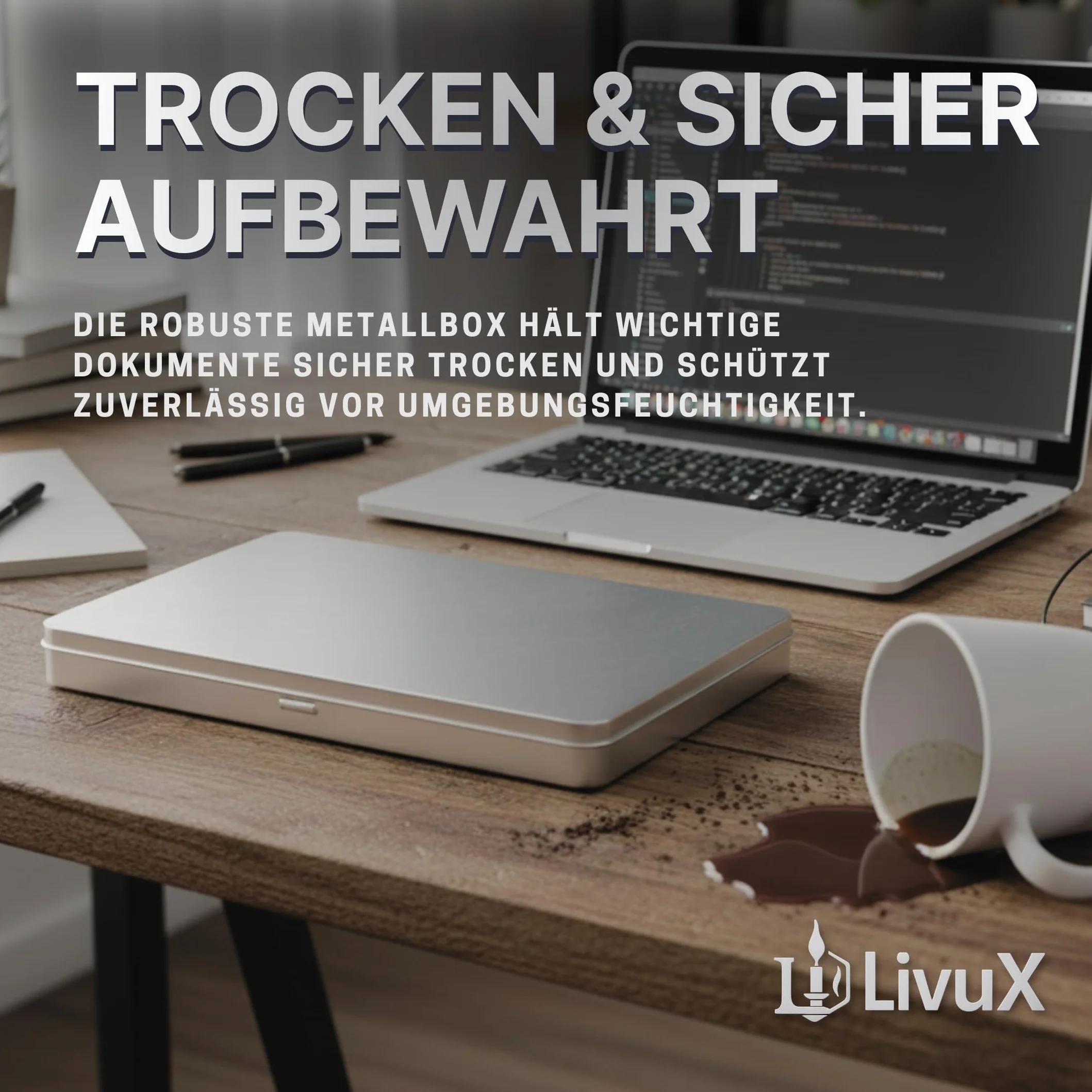 LivuX Pudełko na dokumenty DIN A4, 31 x 22 x 2,25 cm, 0,367 kg, prostokątne pudełko do przechowywania z pokrywką, do biura, domowego biura i archiwum, metal premium
